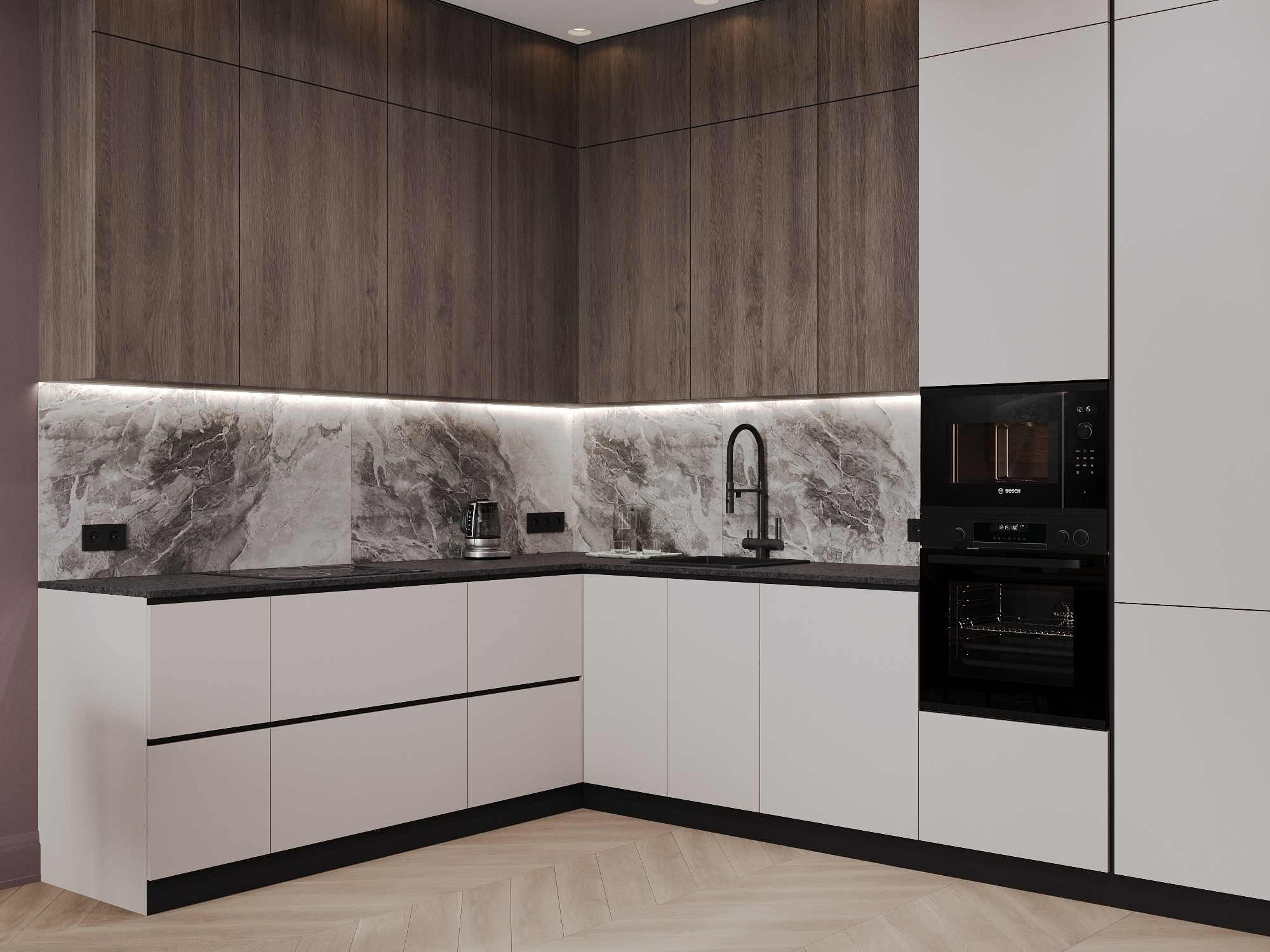 дизайн интерьера кухни-гостиной в сложных сливовых тонах, серый диван и зеркало у обеденного стола, кухня в современном стиле