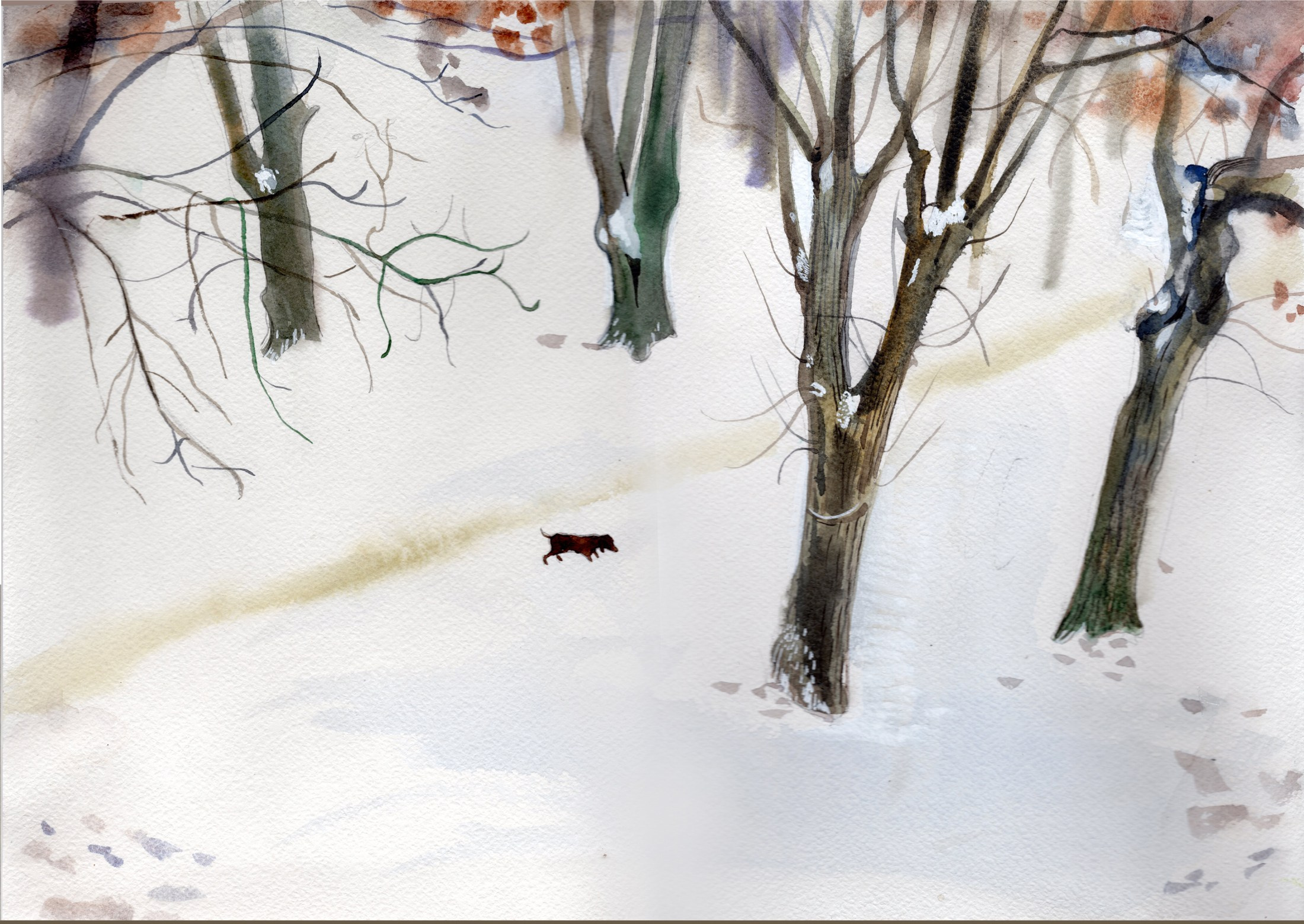 Зимняя прогулка. 30х42 см. Бумага, акварель. 2021 год.