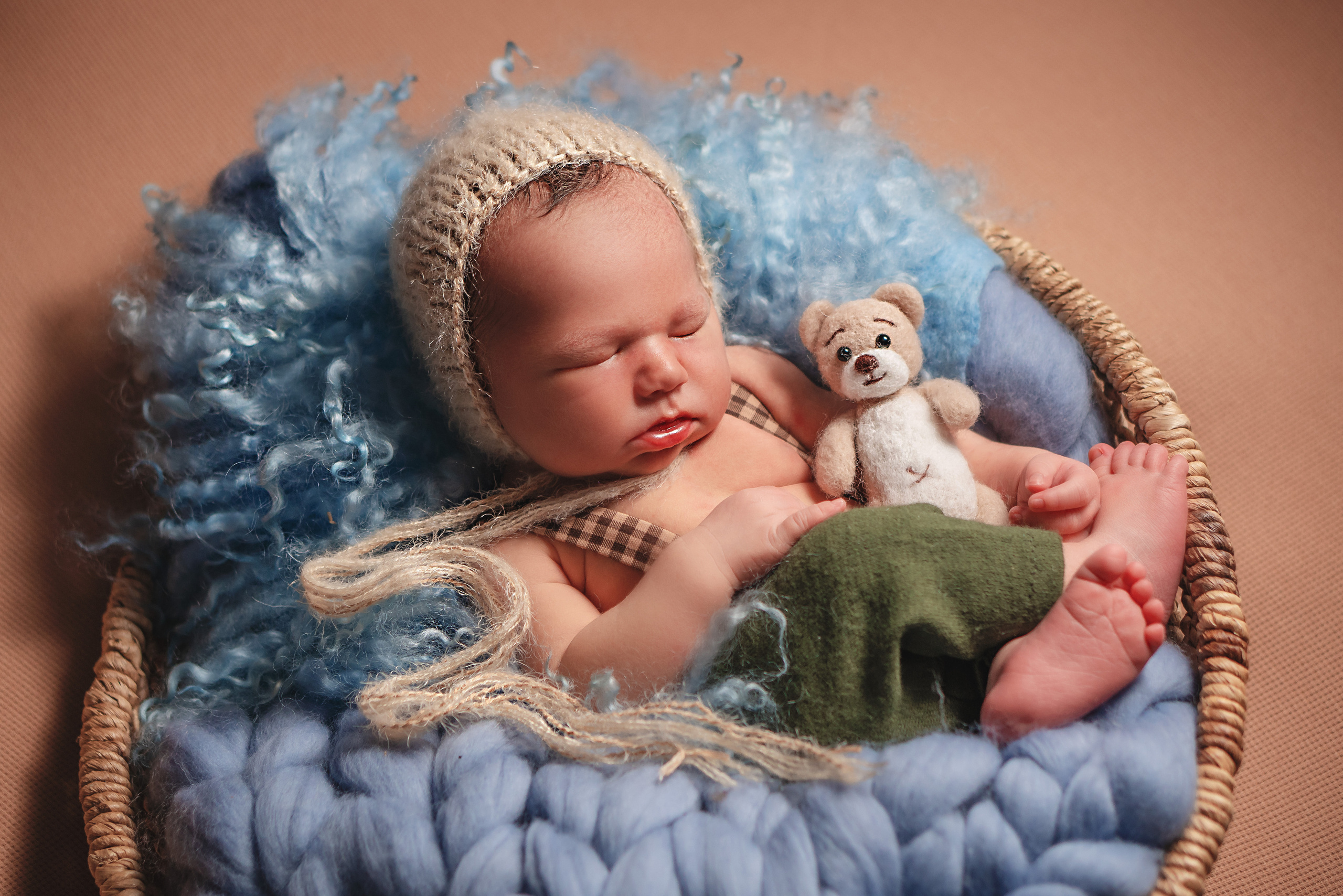 Гномик в корзиночке с мишкой, маленький мальчик фотосессия 