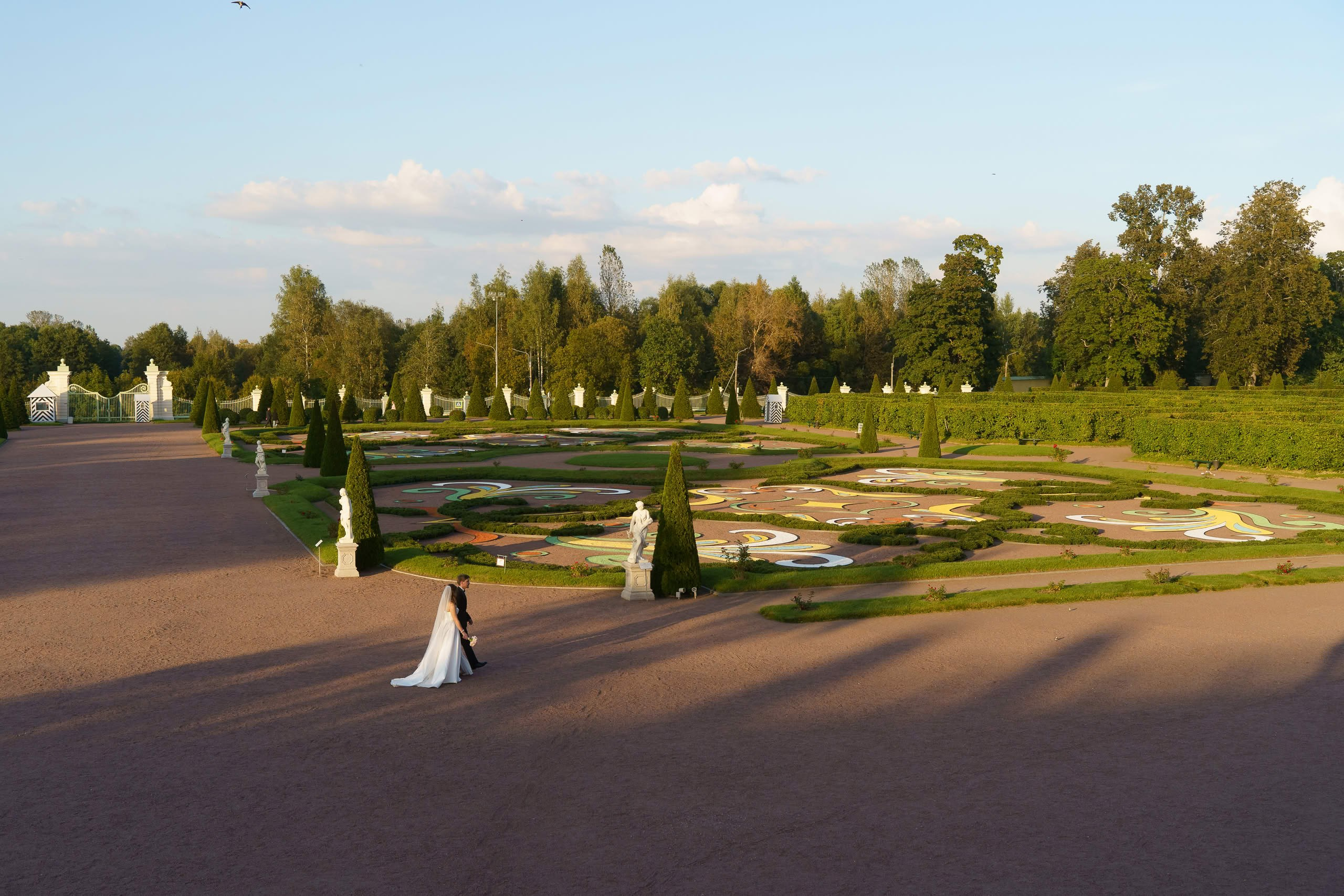 Общий план свадебной прогулки в Ораниенбауме, парк и дворцовый ансамбль в вечернем свете
