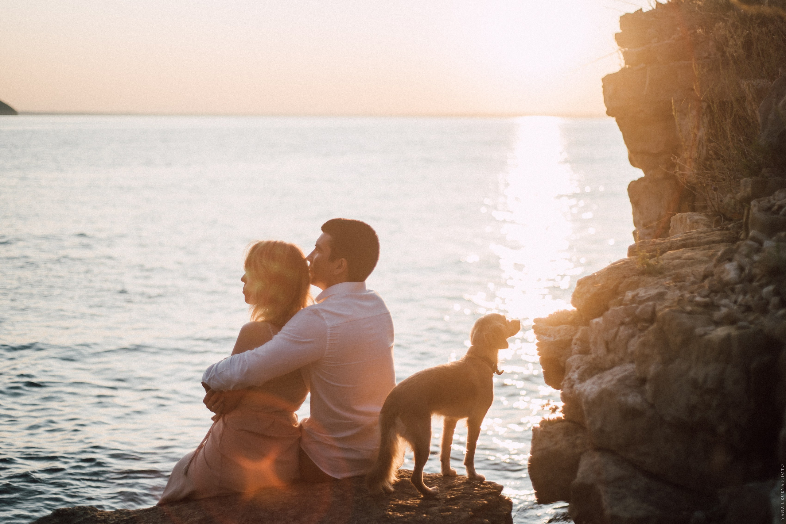 семья и собака на закате у реки