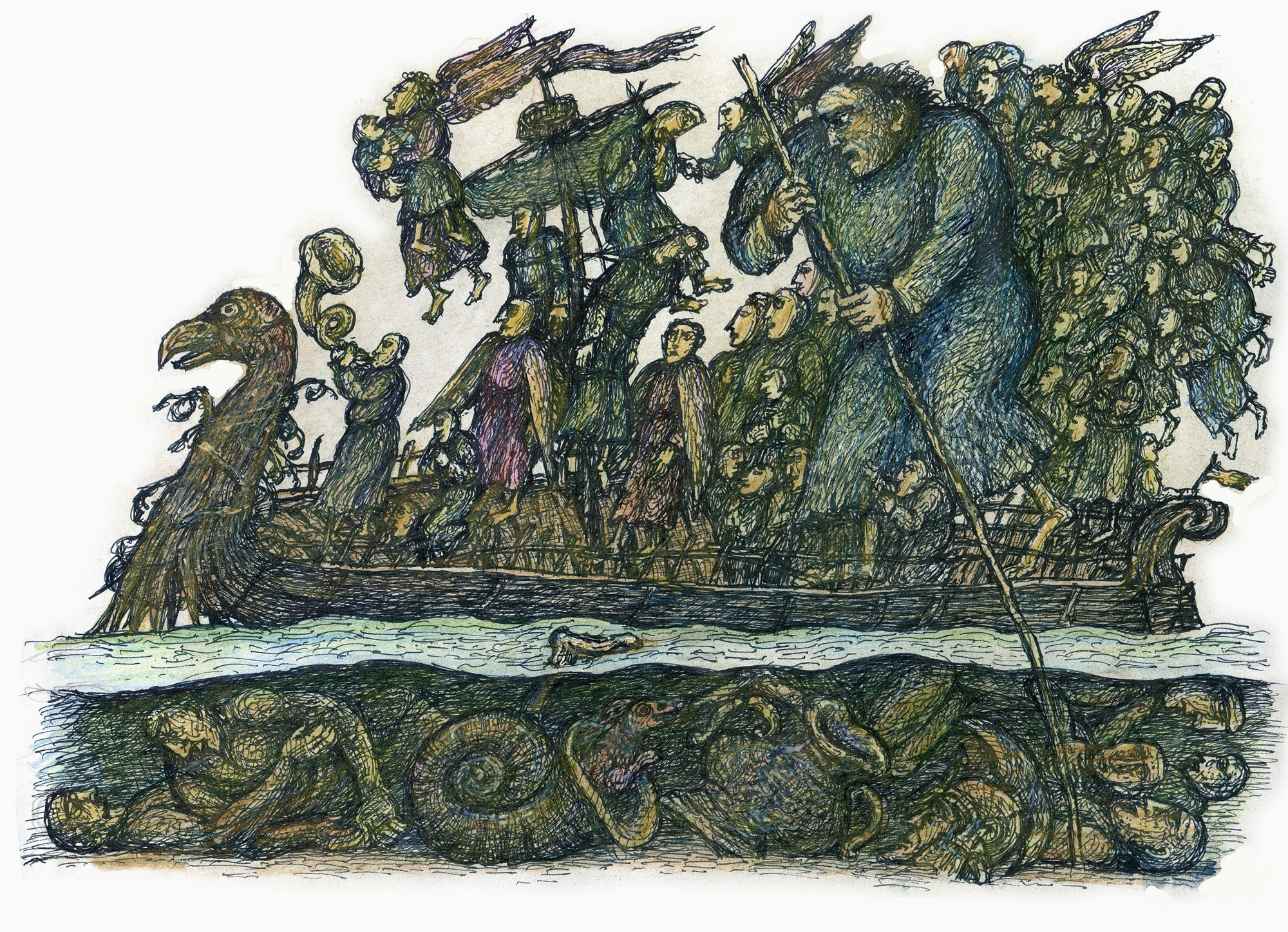 Ладья Харона, гелевая ручка, цветной карандаш