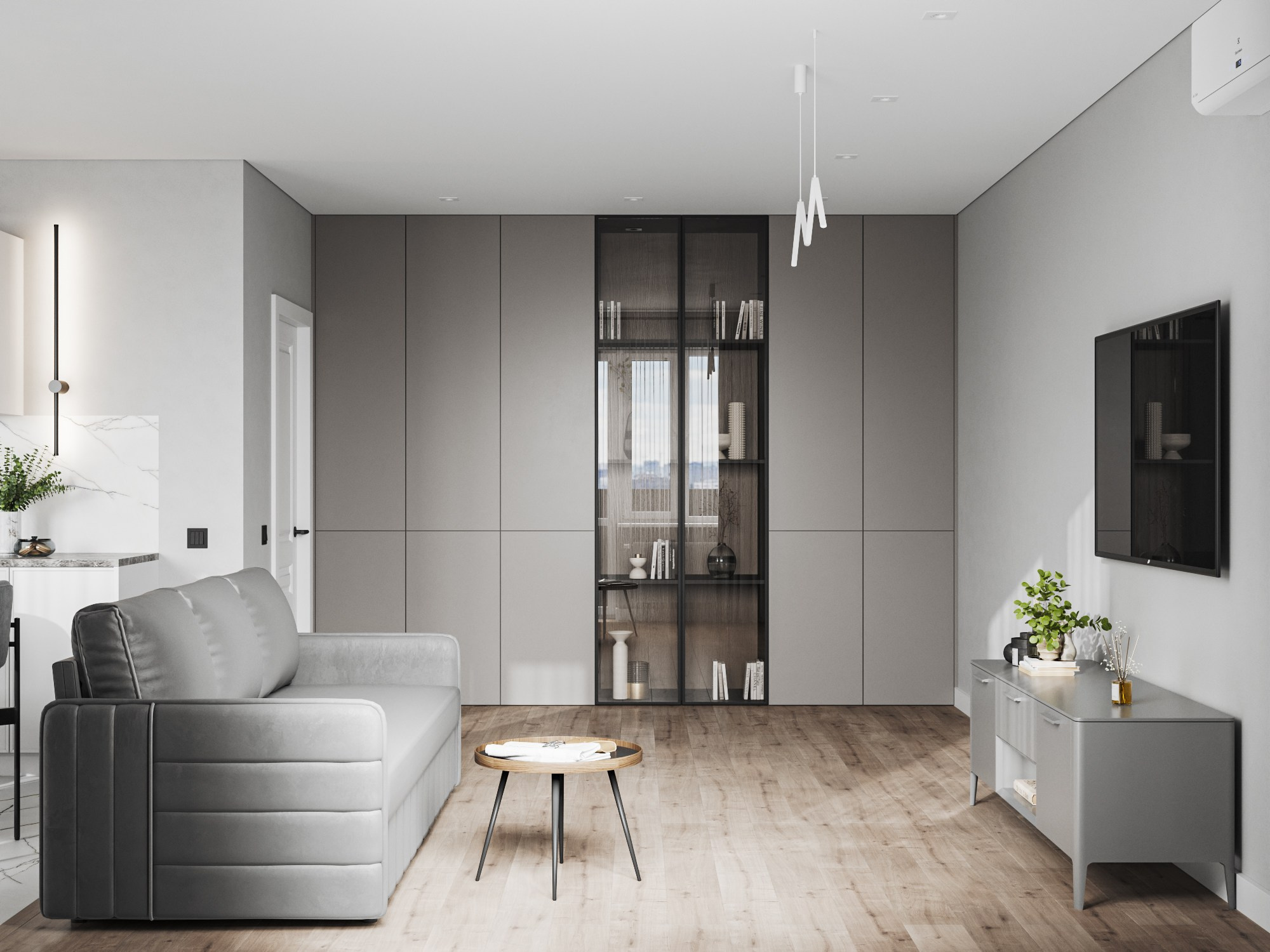 Визуализация кухни-гостиной в серых тонах. 3D визуализация интерьера. Визуализатор Виктория Озерова