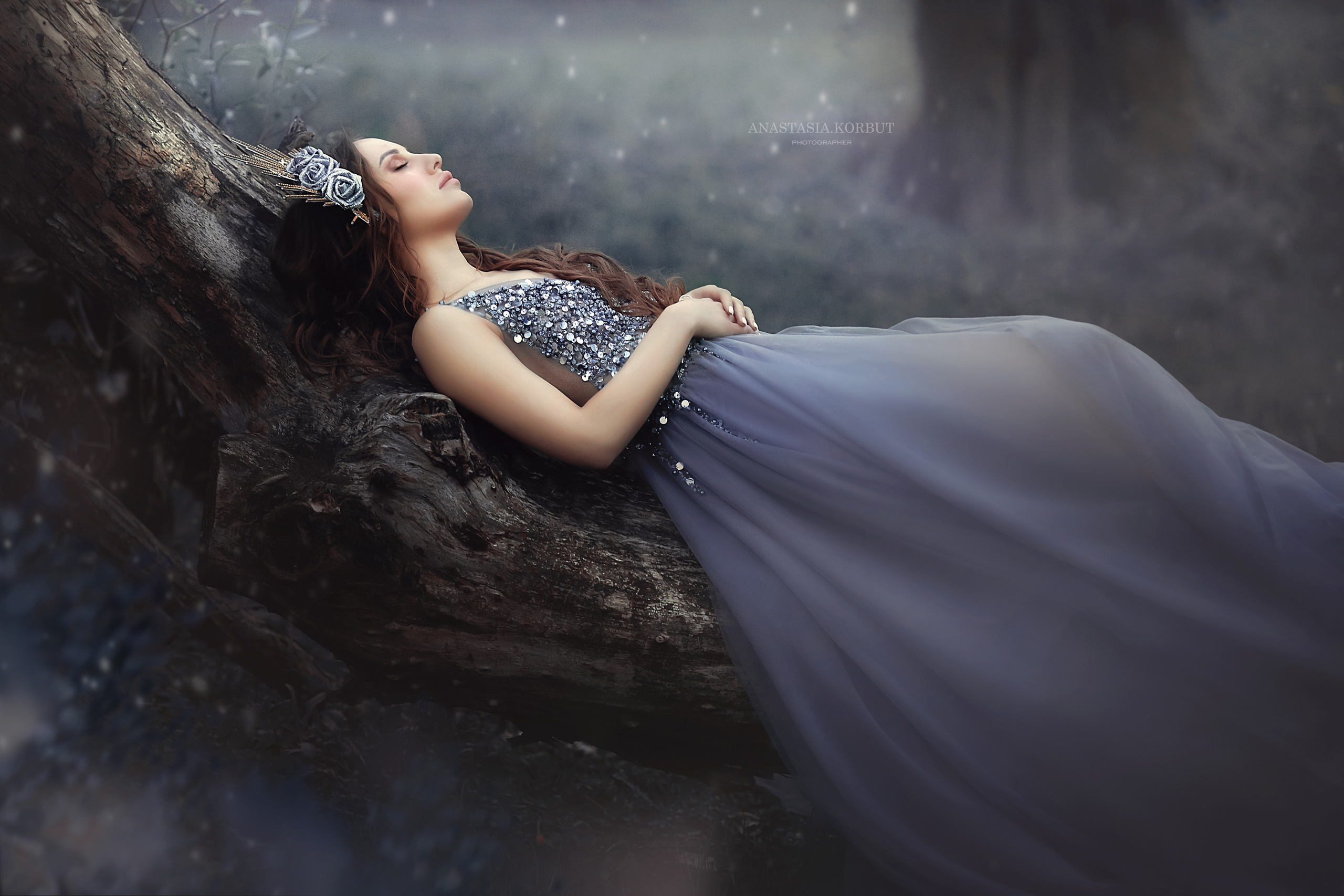 портрет спящей лесной королевы в сиреневом платье с серебряной короной