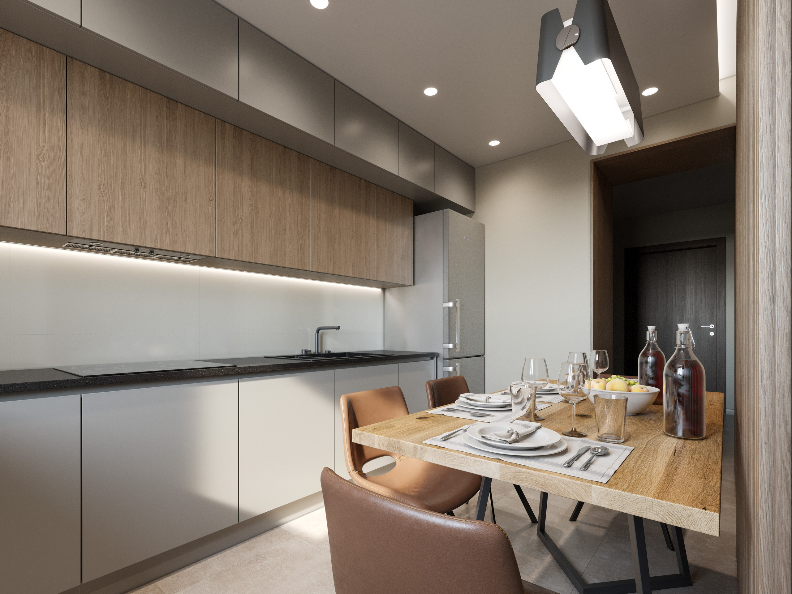 Интерьер компактной кухни в светлой палитре — детальная 3D визуализация