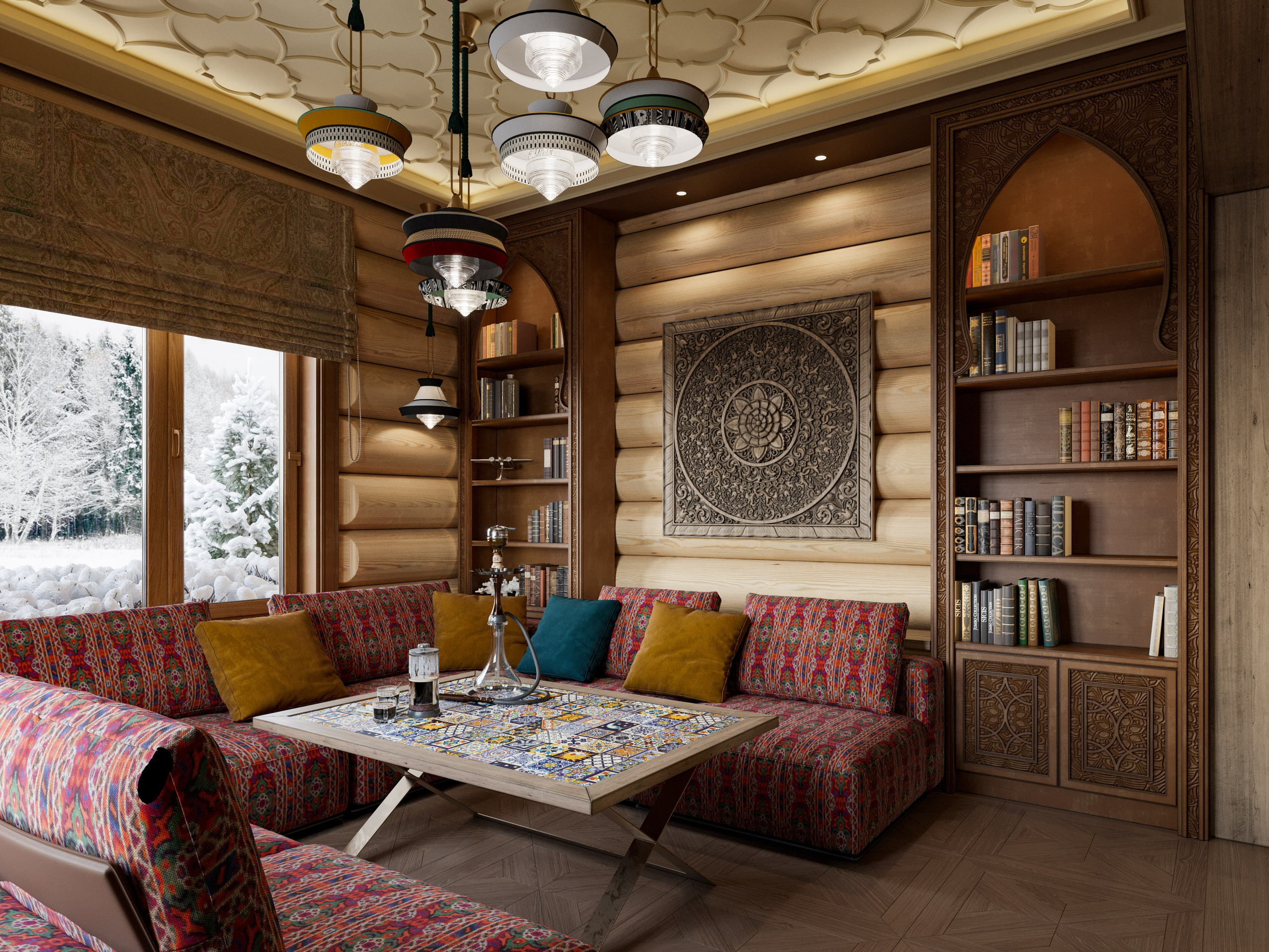 Уютная зона с кальяном в доме из сруба с мягкими диванами и книжными стеллажами