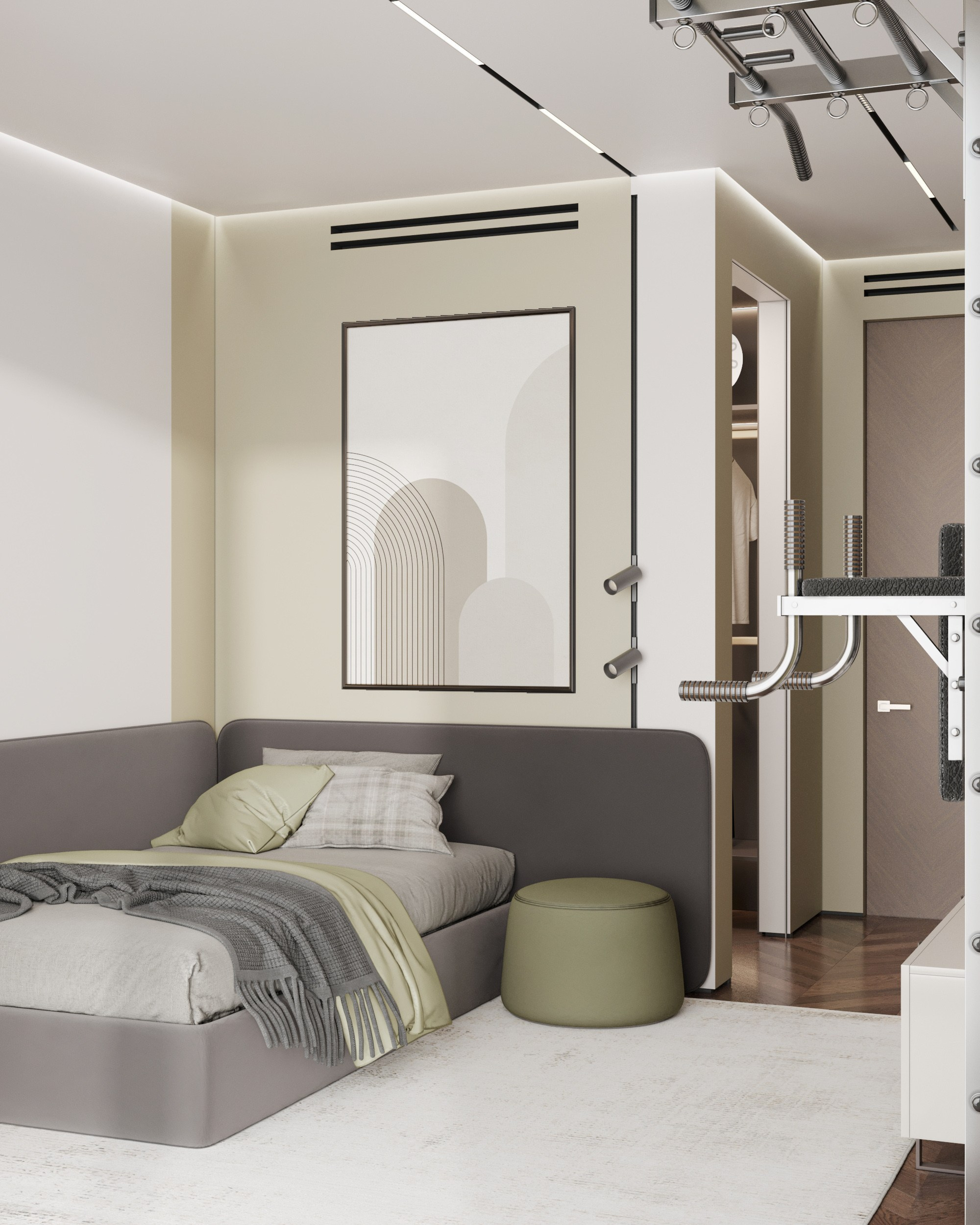 Уютная зона отдыха в детской: кровать с серыми и зелёными текстилями и встроенный спортивный комплекс