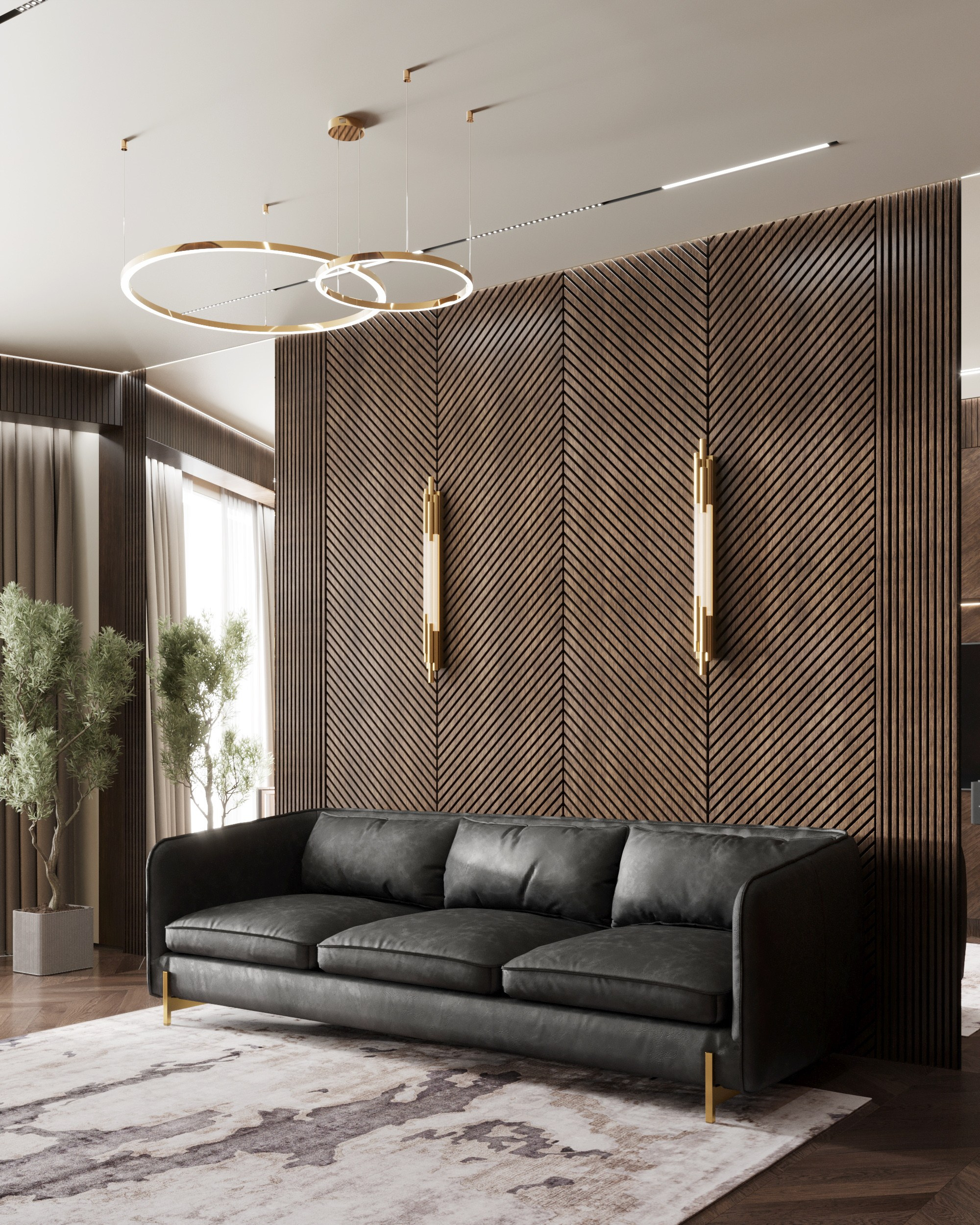 Зона отдыха кабинета: тёмный кожаный диван на фоне декоративной стены из деревянных реек