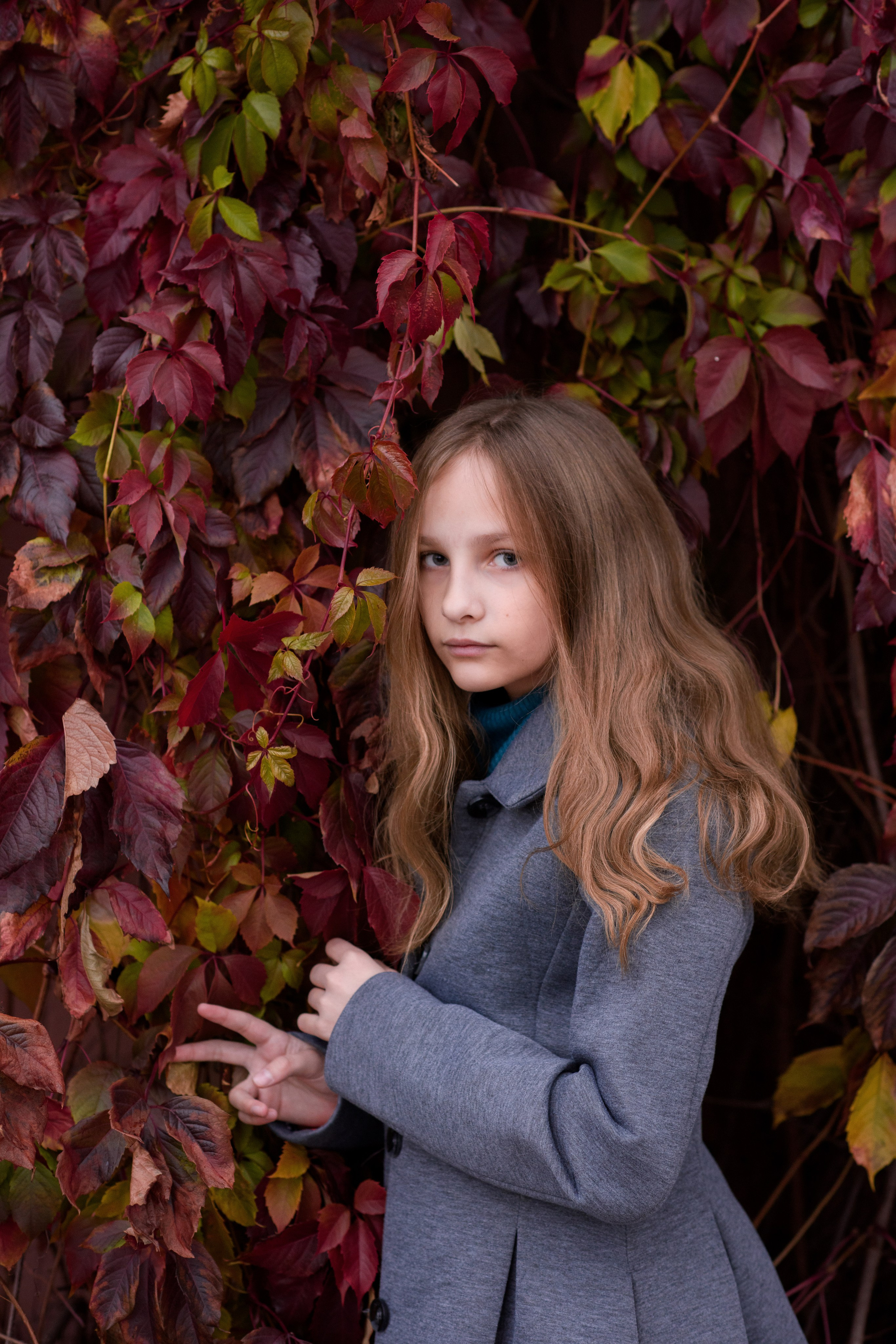 Фотосессия на фоне красного дикого винограда. Главная