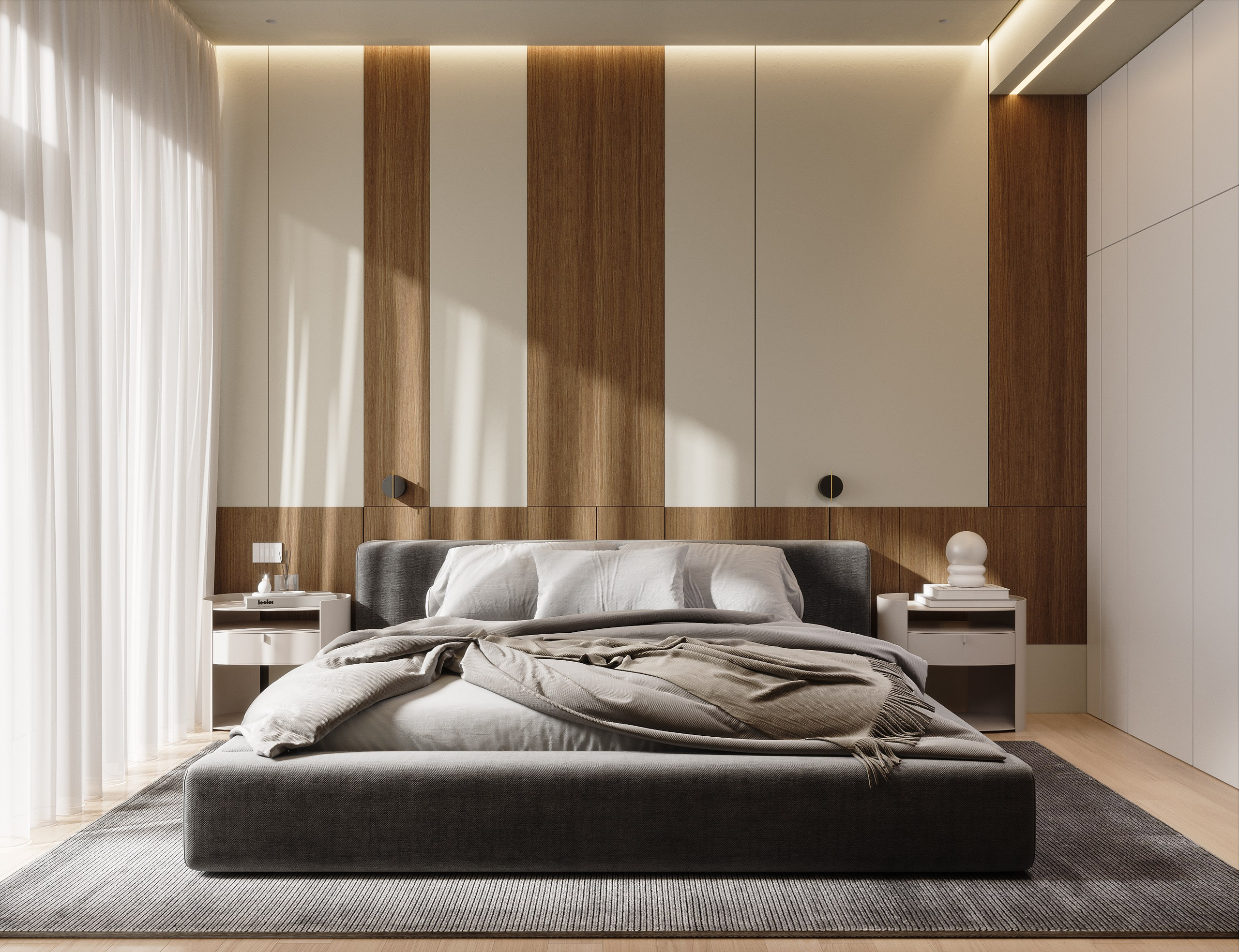 3D рендер современной спальни с низким кроватным каркасом, двумя прикроватными тумбочками и эффектной скрытой подсветкой потолка и стен, выделяющий архитектурные детали.