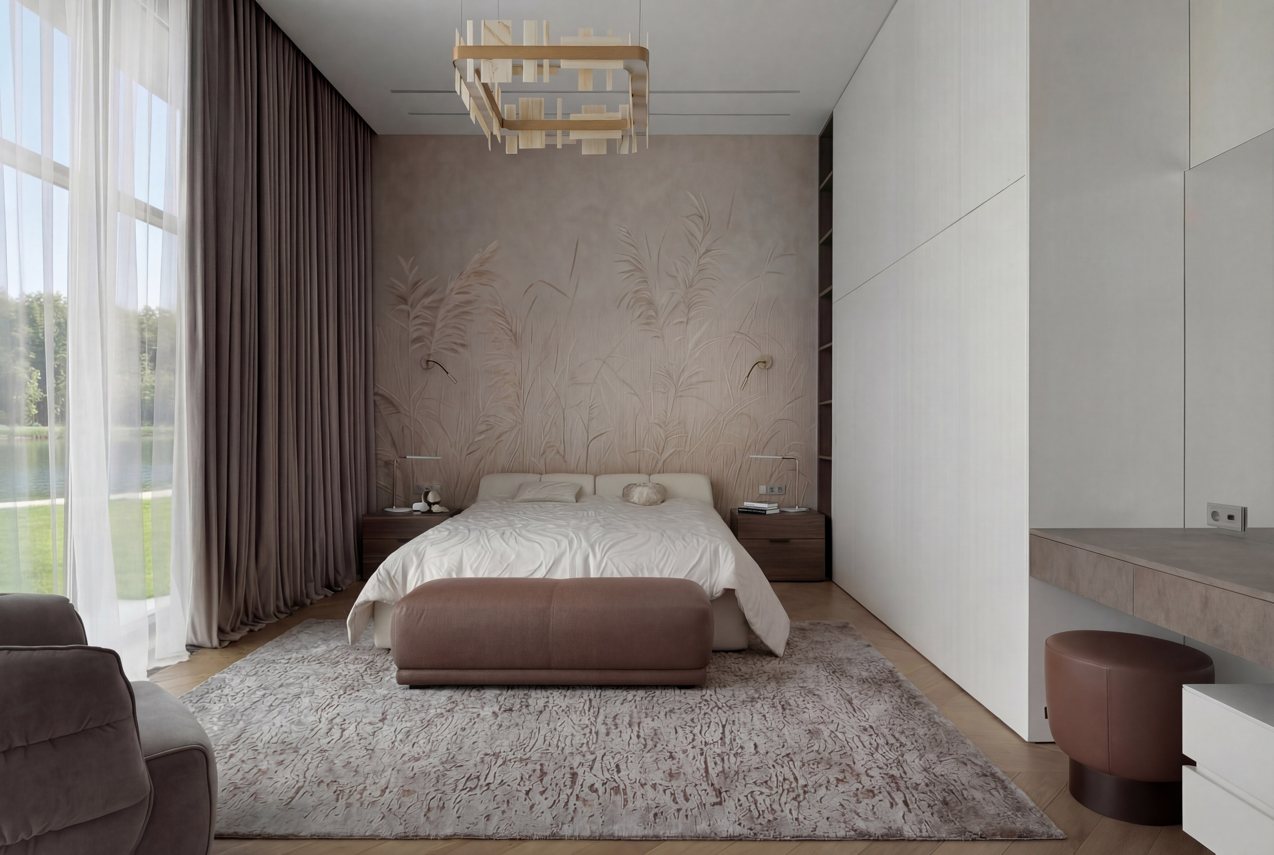 Интерьер мастер-спальни от Валерии Котович: акцентная стена с растительным барельефом, панорамное окно с видом на озеро, кровать с банкеткой в пудровых тонах и современная белая система хранения.
