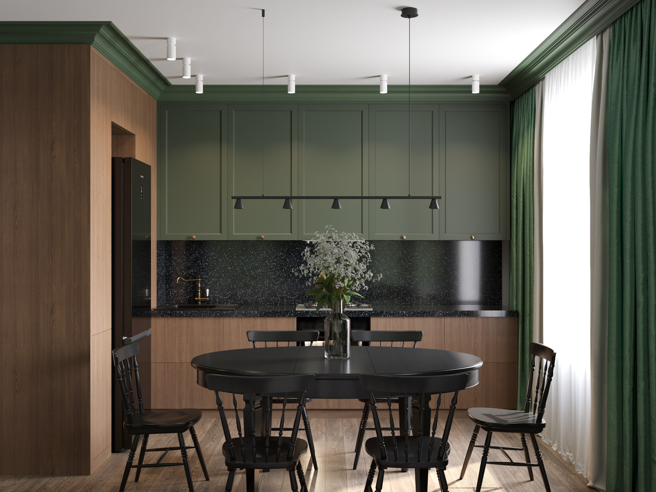 интерьер кухни в классическом стиле в зеленом цвете с натуральным деревом 