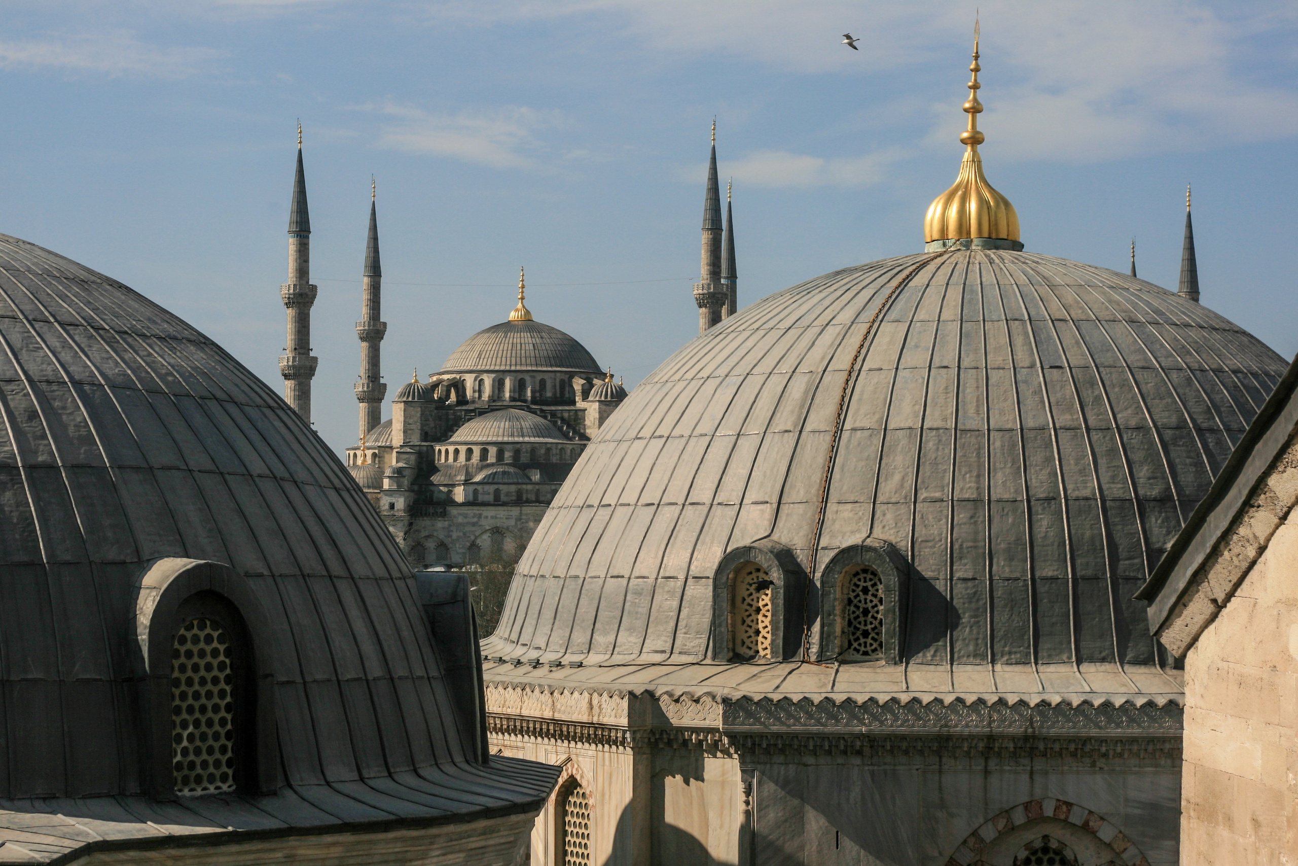 the spires of Hagia Sophia and The Blue Mosque, Istanbul, Turkey