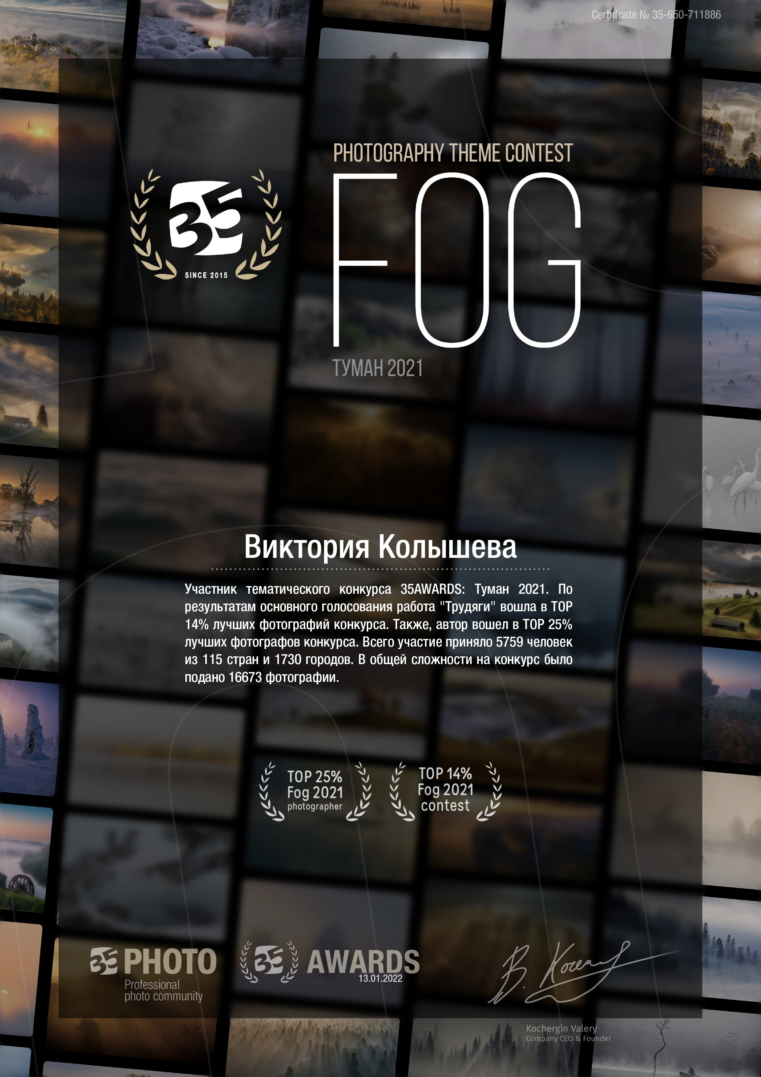 Диплом участника тематического конкурса 35 awards Туман 2021 фотограф Колышева Виктория