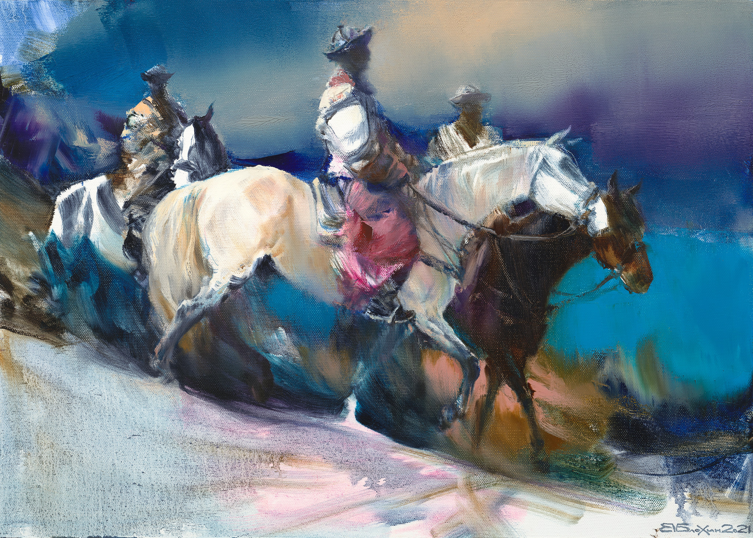 «Конная группа в горах Памира 2» - художник Валерий Блохин (холст, масло, 50x70, 2021)