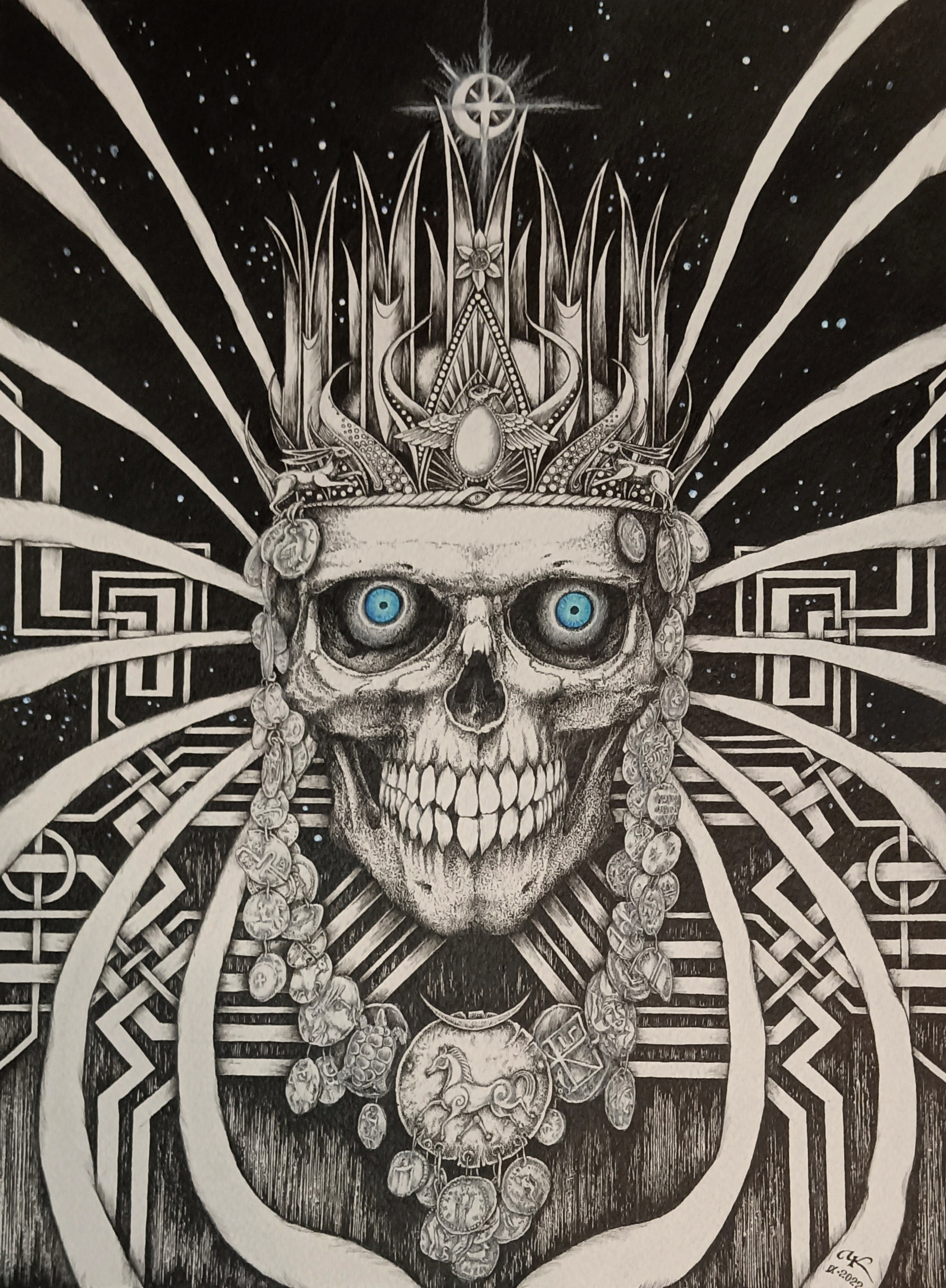 "Кащей Безсмертный" бумага, тушь, изограф, цветные карандаши, акрил, р.30х40см., 2022г.