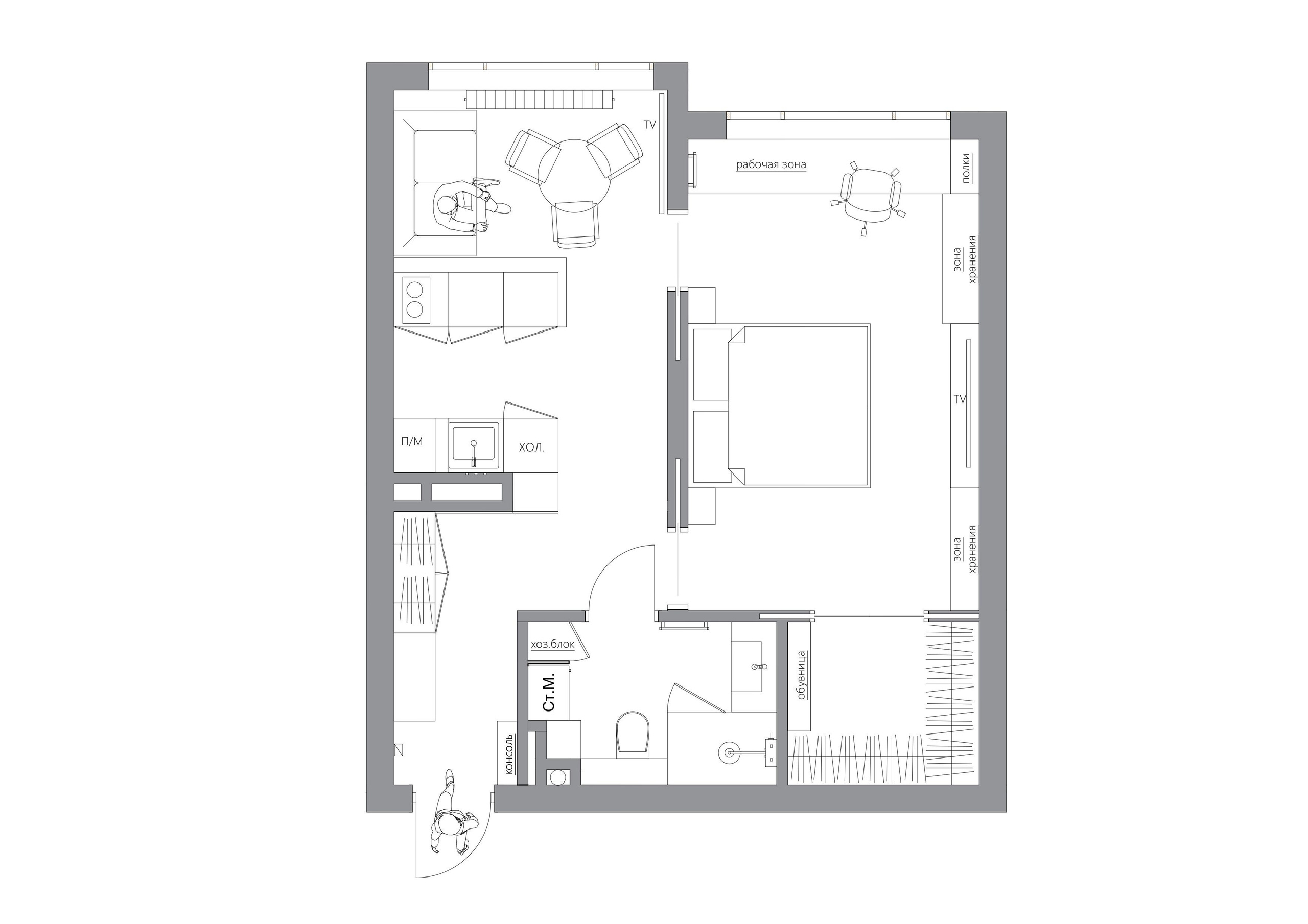 Визуализация квартиры для молодого человека UNO. Головинские пруды. Москва 40 m². Заказать 3d визуализацию интерьеров — Дарья Веденёва