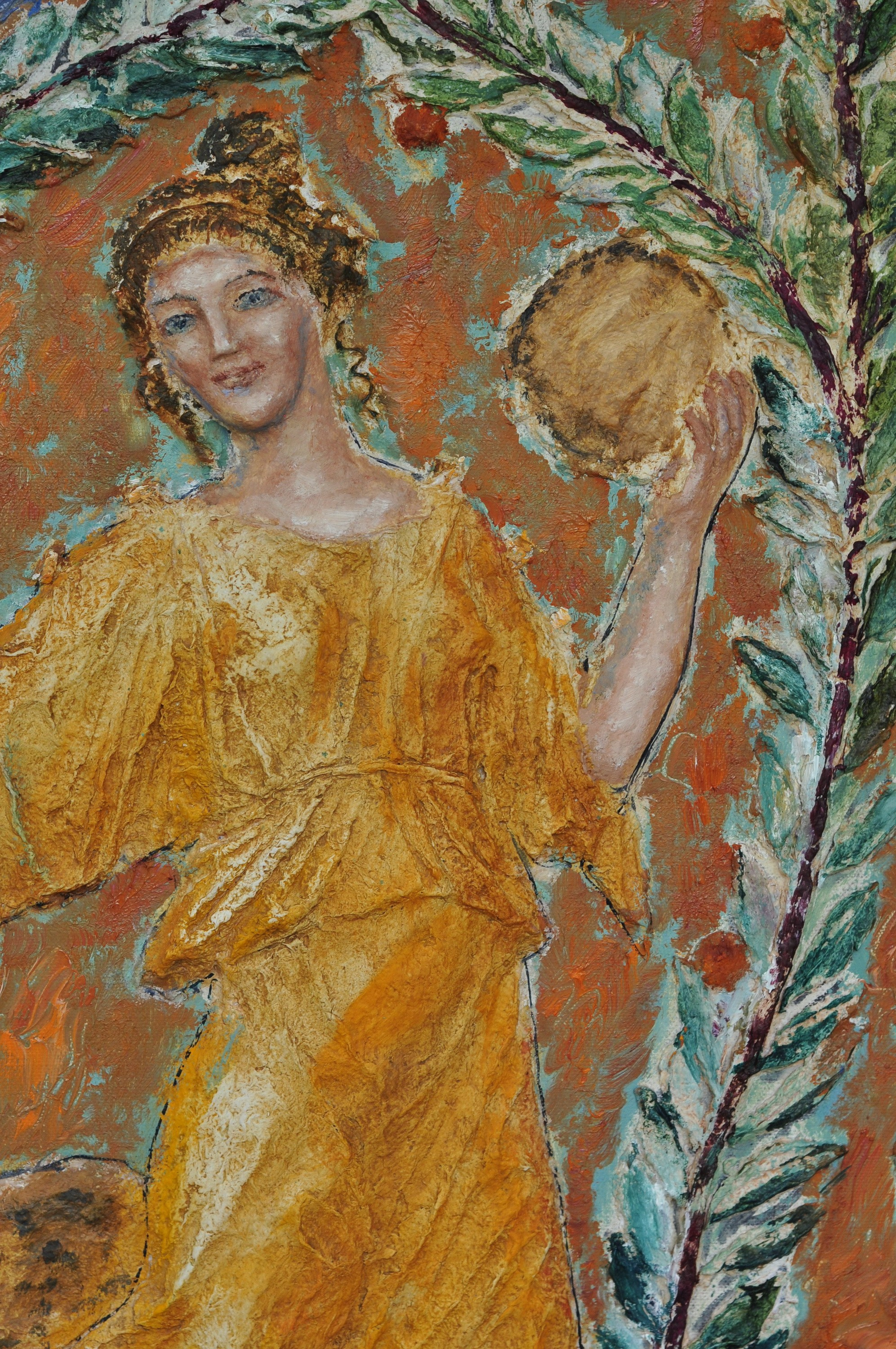 "Танец среди лиан" фрагмент, холст, папье-маше, масло, 2025