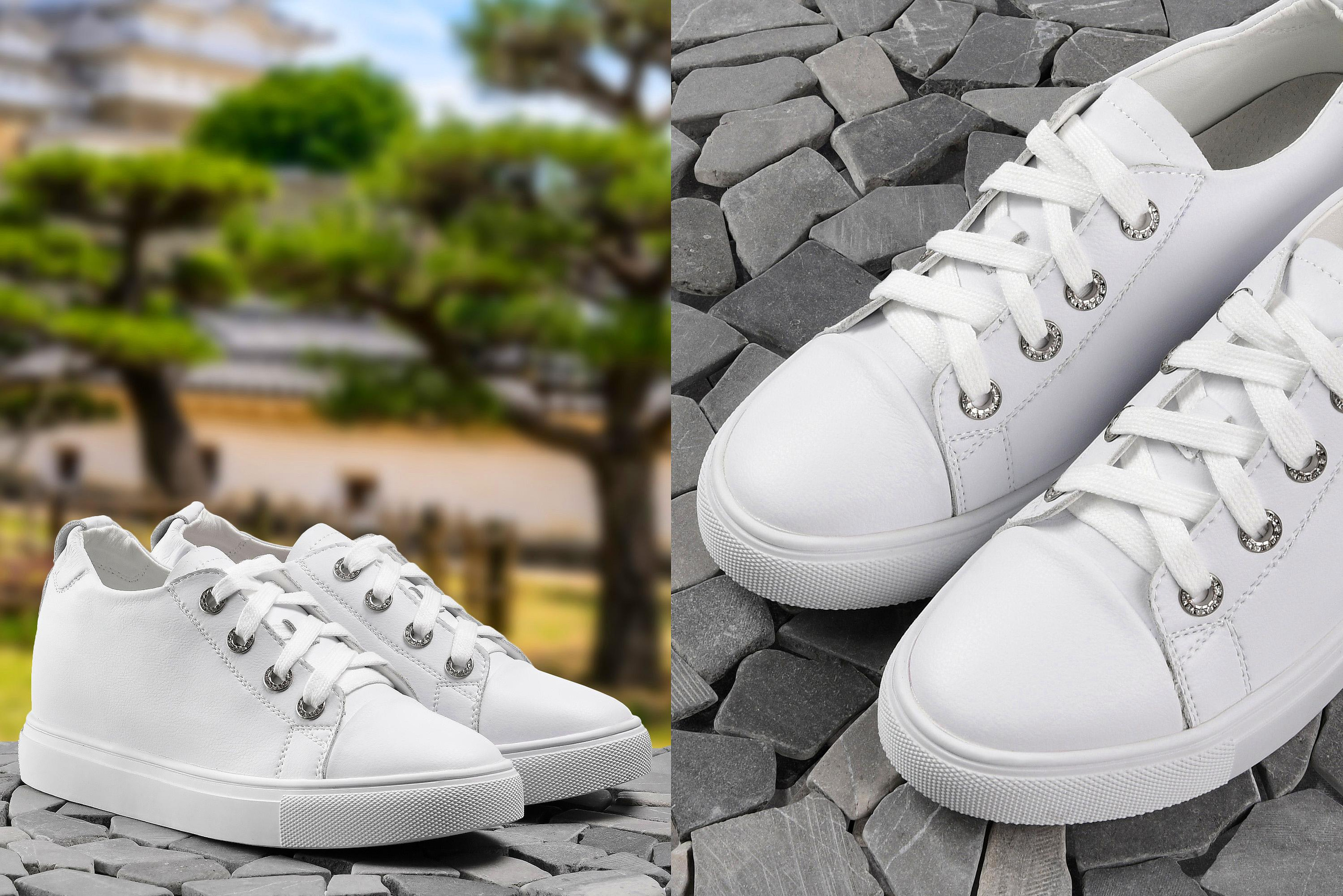 Кроссовки белого цвета на природном фоне.