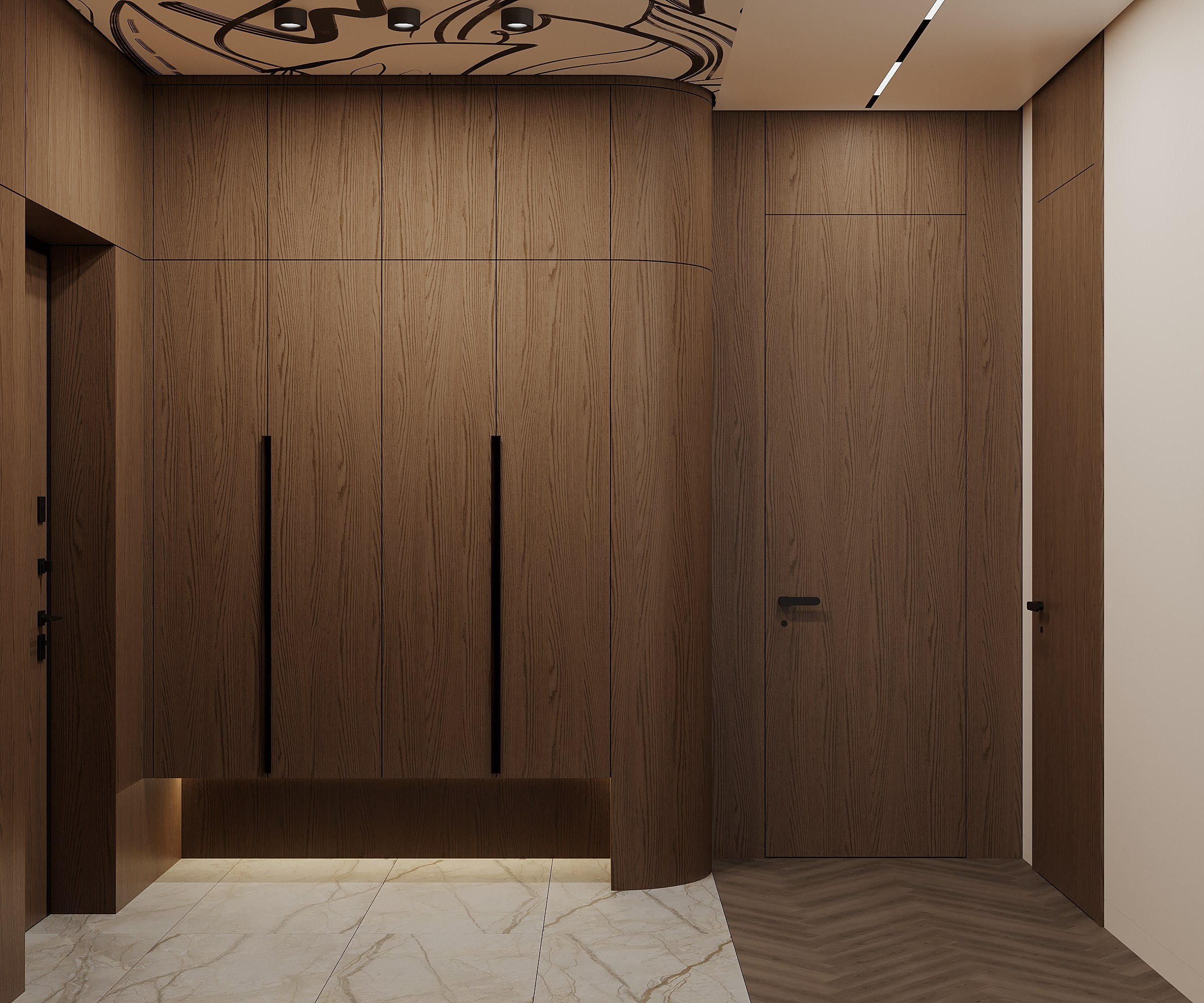Прихожая в современном стиле в деревянных панелях  A modern style hallway with natural wood wall finishes