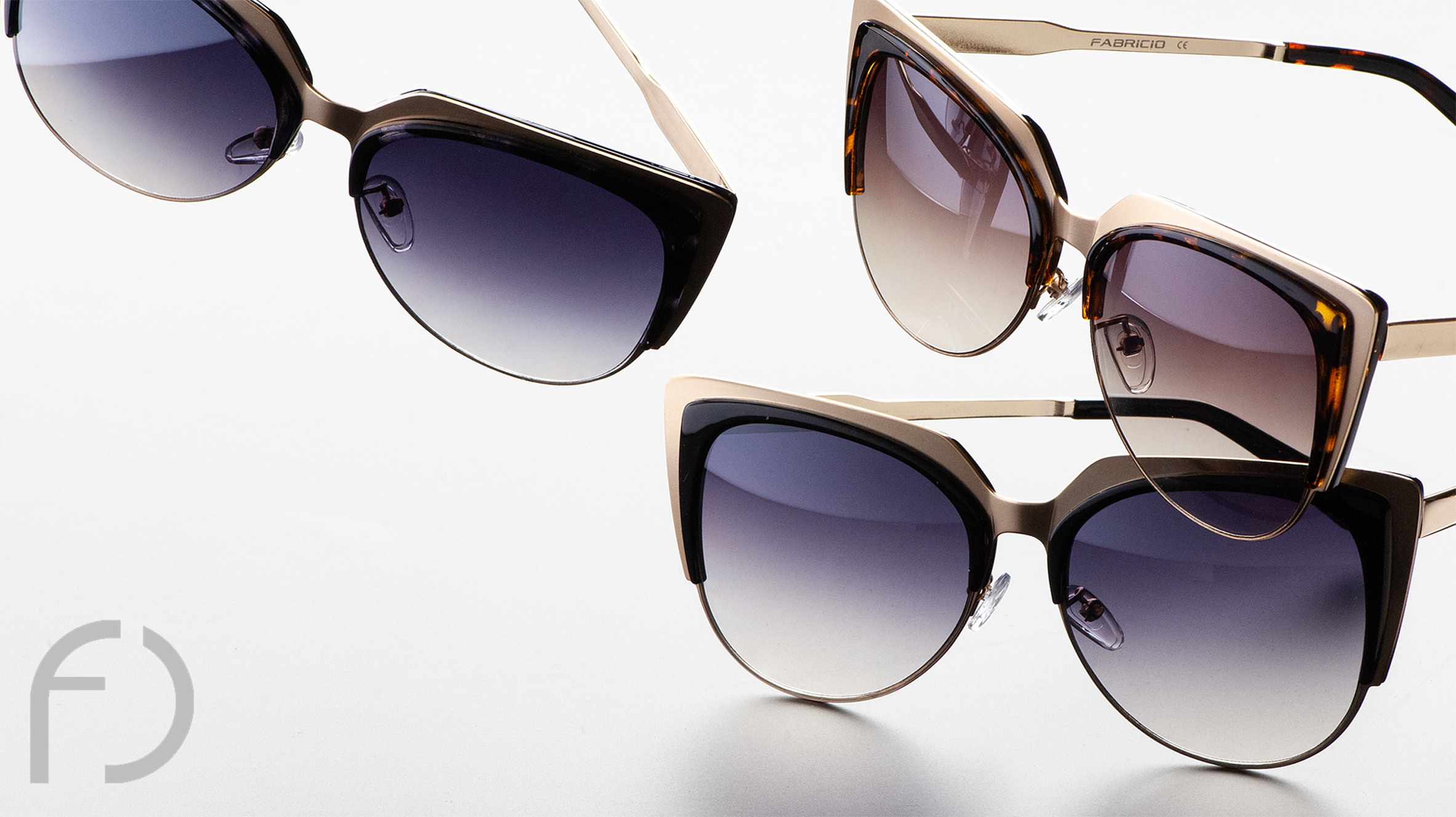 Рекламная предметная фотосъёмка солнцезащитных очков Fabricio в Узбекистане — крупный план трёх моделей на белом фоне.