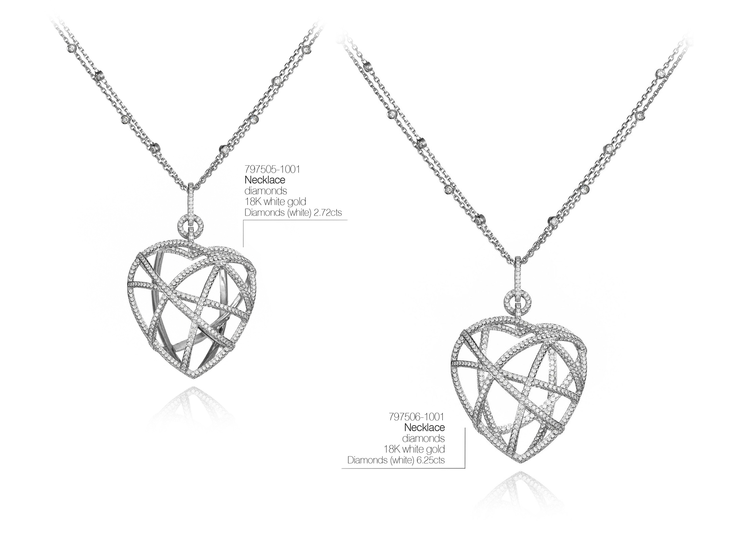 Рекламная фотосъёмка кулона-сердца с бриллиантами, белое золото, детальная подача для интернет-магазина