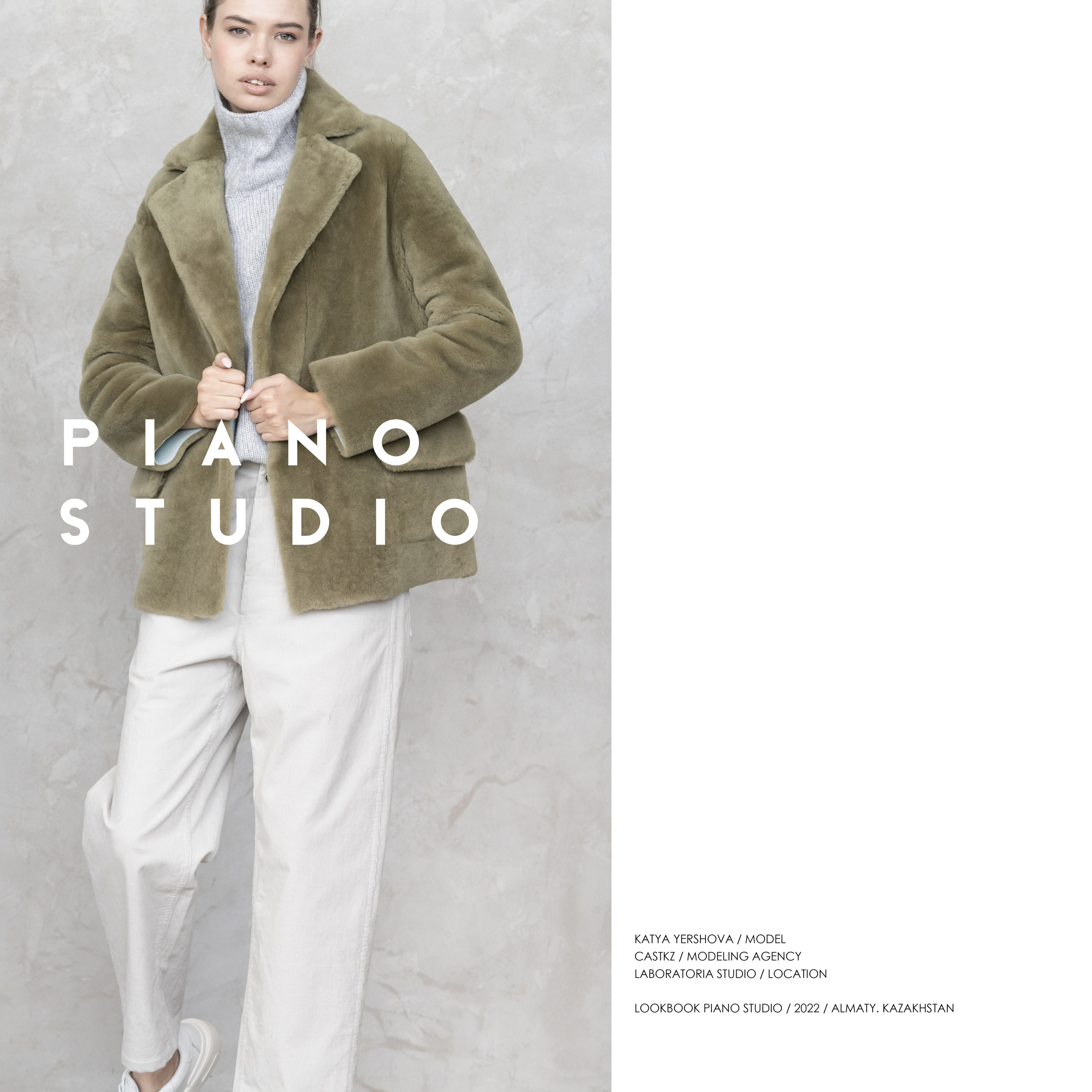 Lookbook-фотосъёмка женской одежды — оливковый свитер и белые брюки, премиальный визуал.