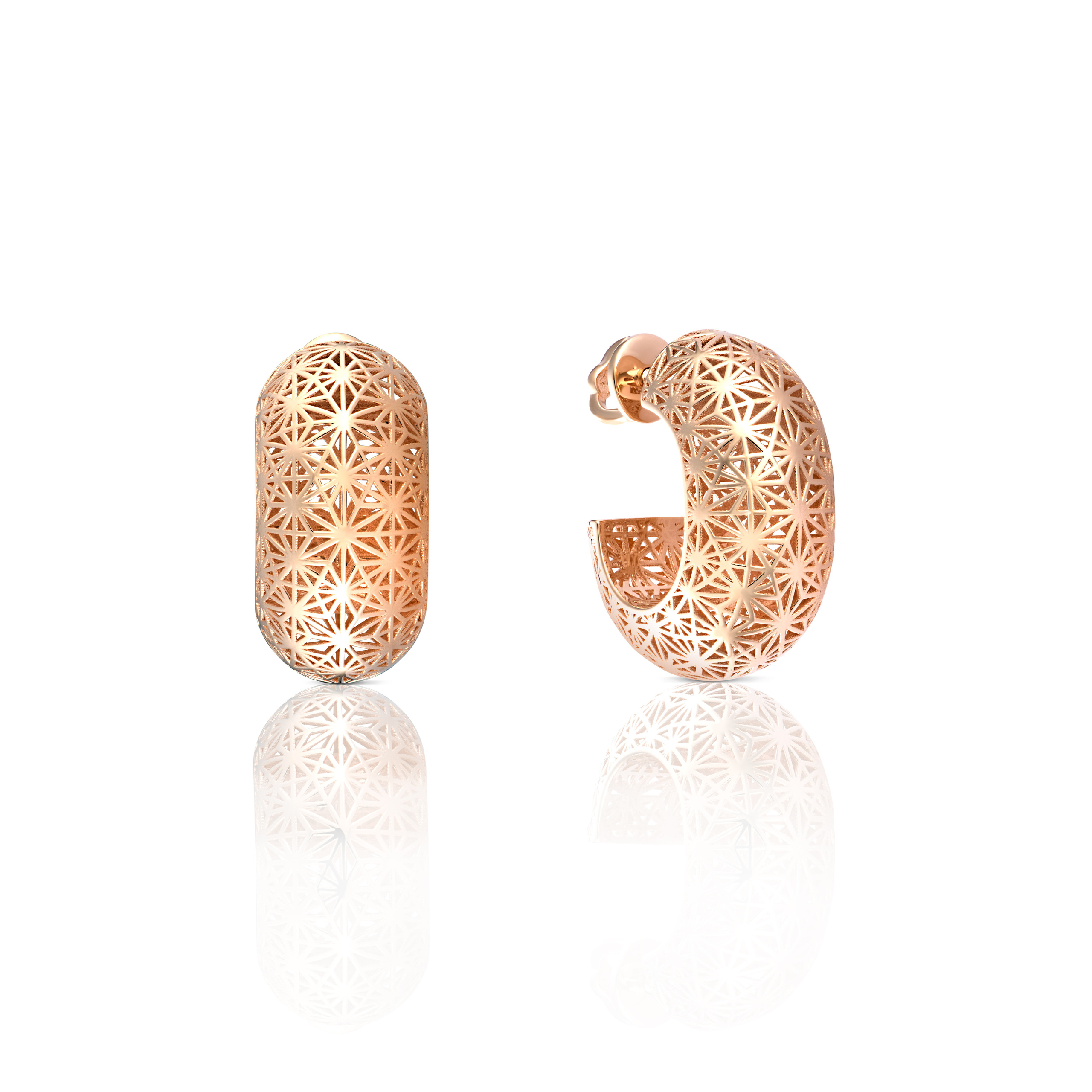 Предметная фотография для маркетплейсов серёг-полукольцев с ажурным орнаментом из розового золота, вид спереди и сбоку, для интернет-магазина и рекламных материалов.