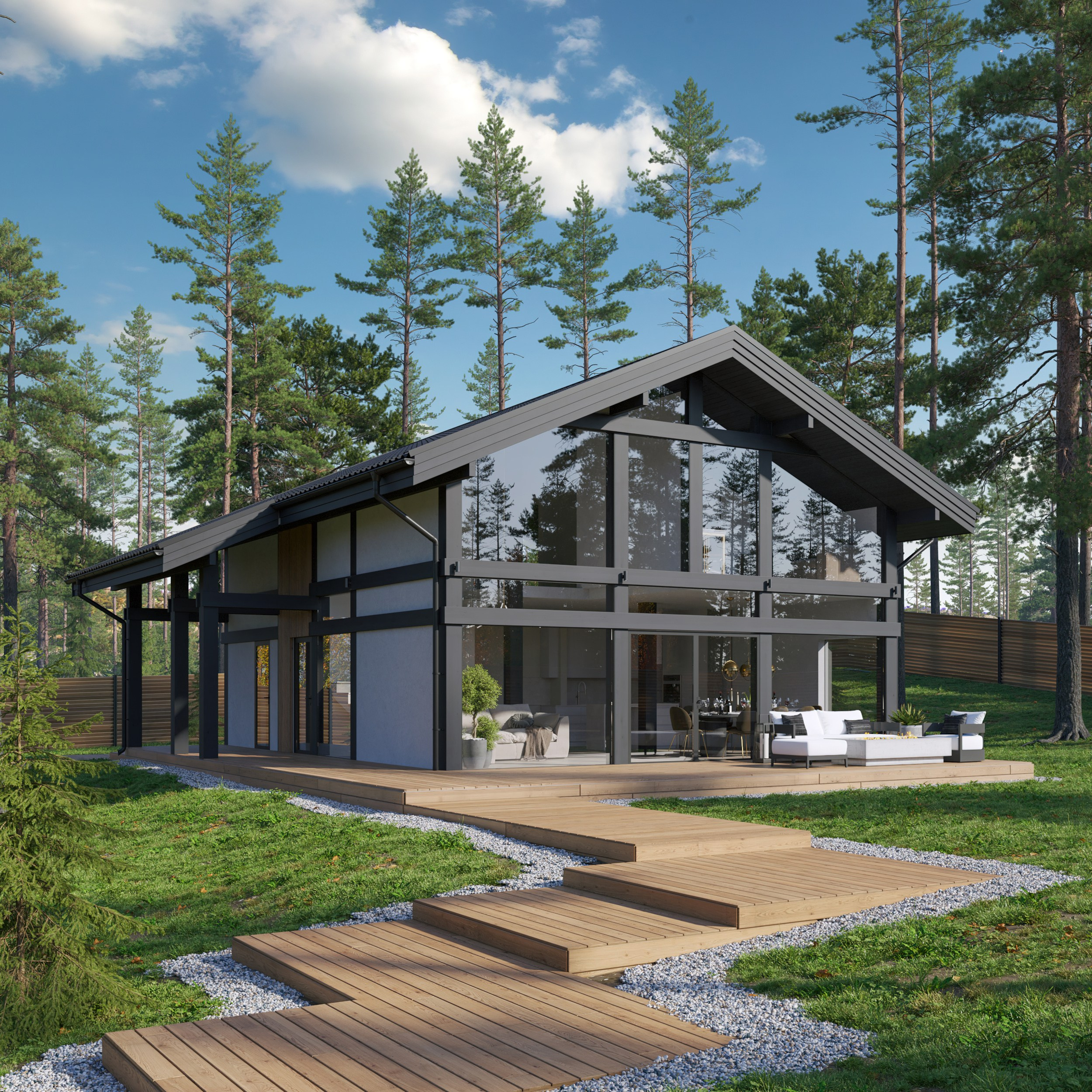 Загородный дом в стиле фахверк с панорамным остеклением