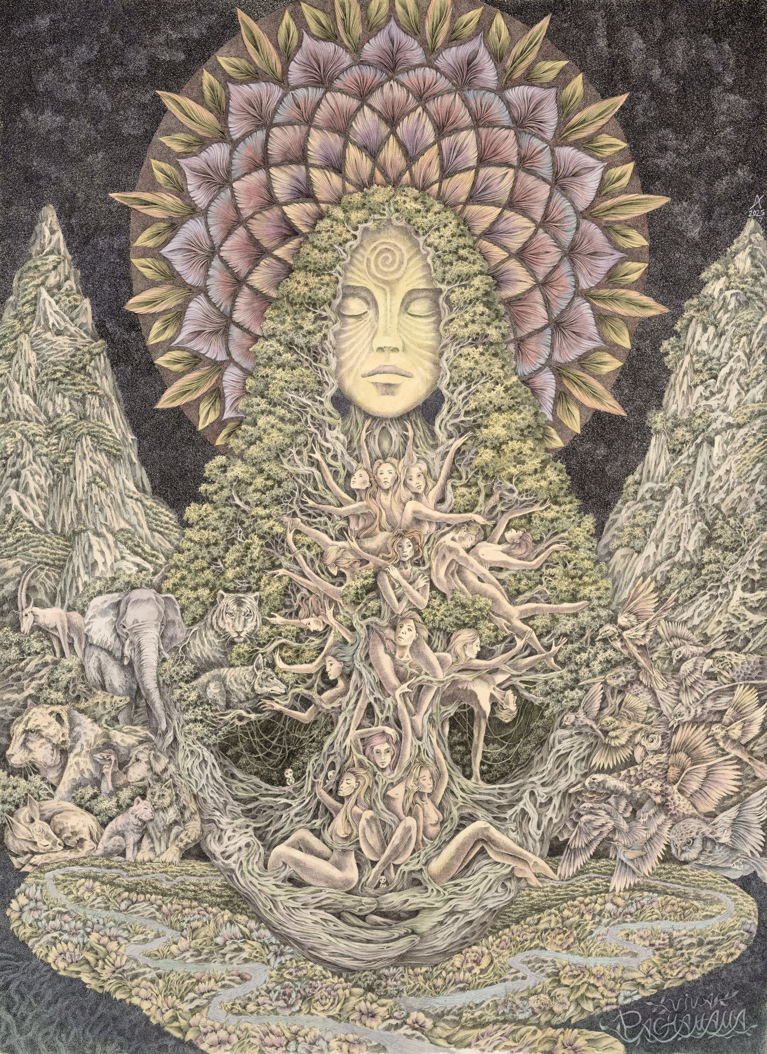 «Pachamama» - художник Андрей Колесник (бумага, тушь, акварель, 55x40 см, 2025)
