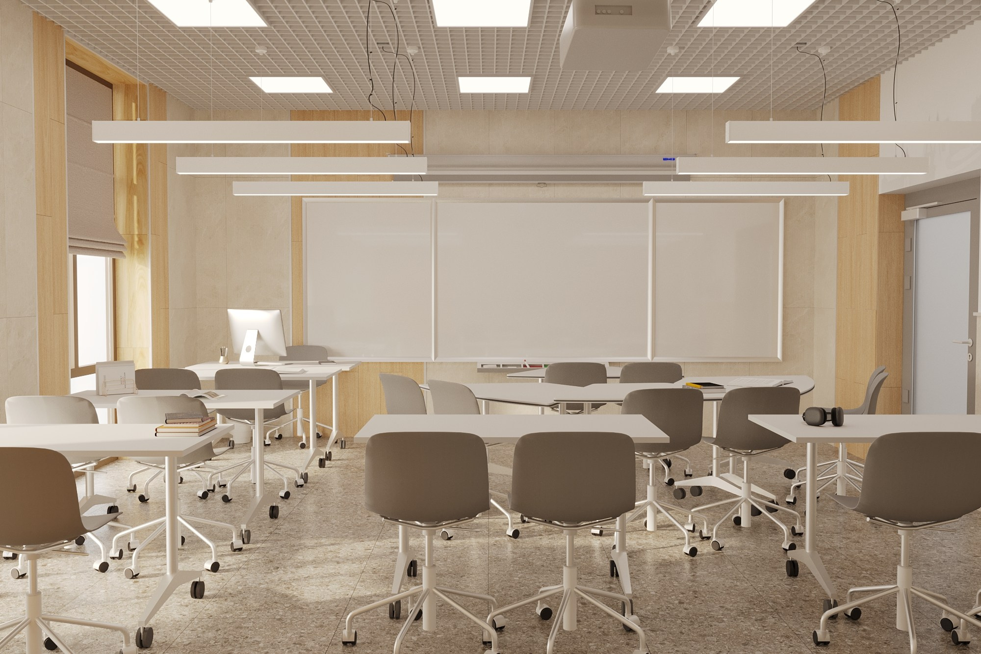 Учебный класс с мобильными столами, серыми стульями, большой белой доской