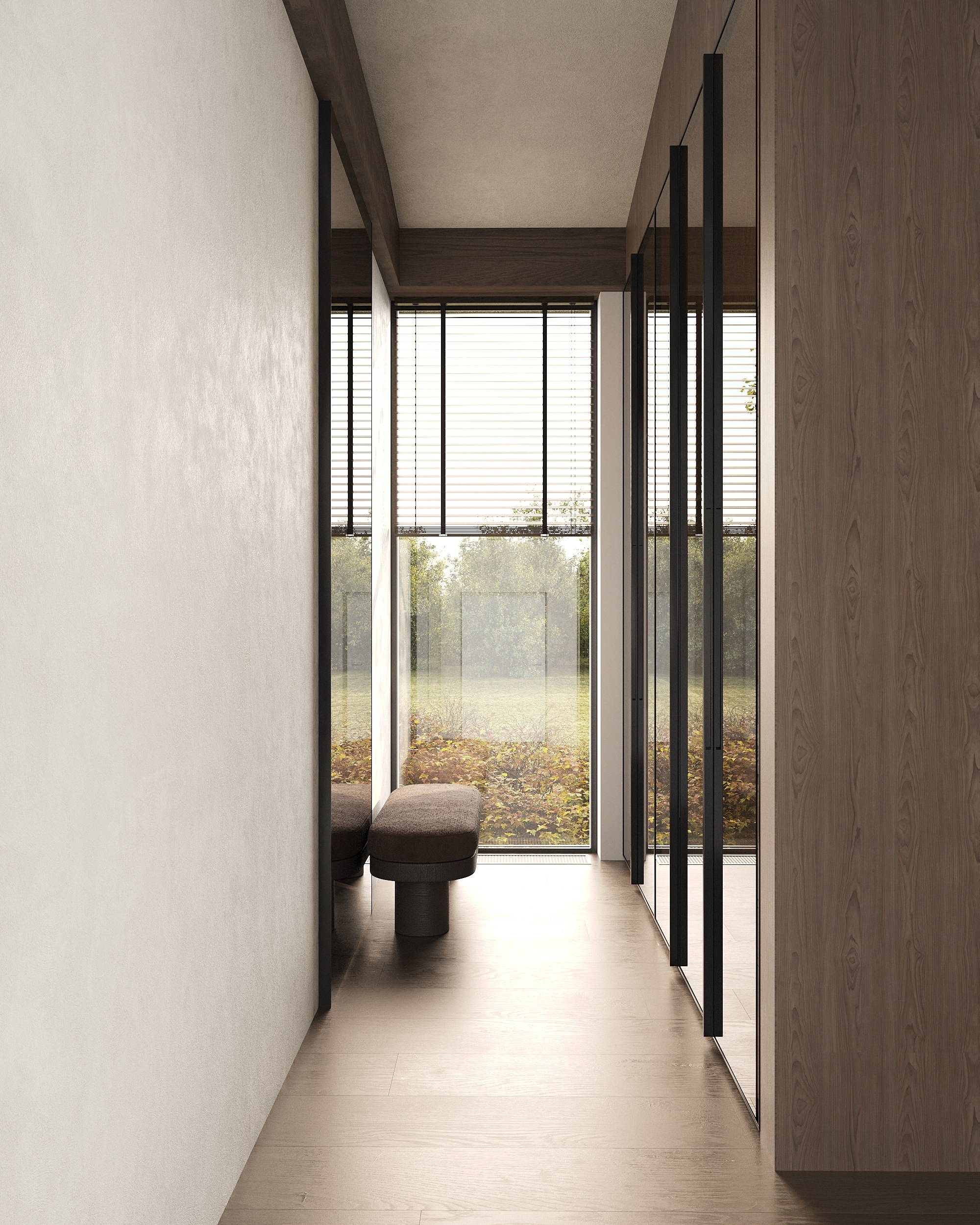 Уютная светлая спальня в доме из бруса с дизайнерской мебелью.