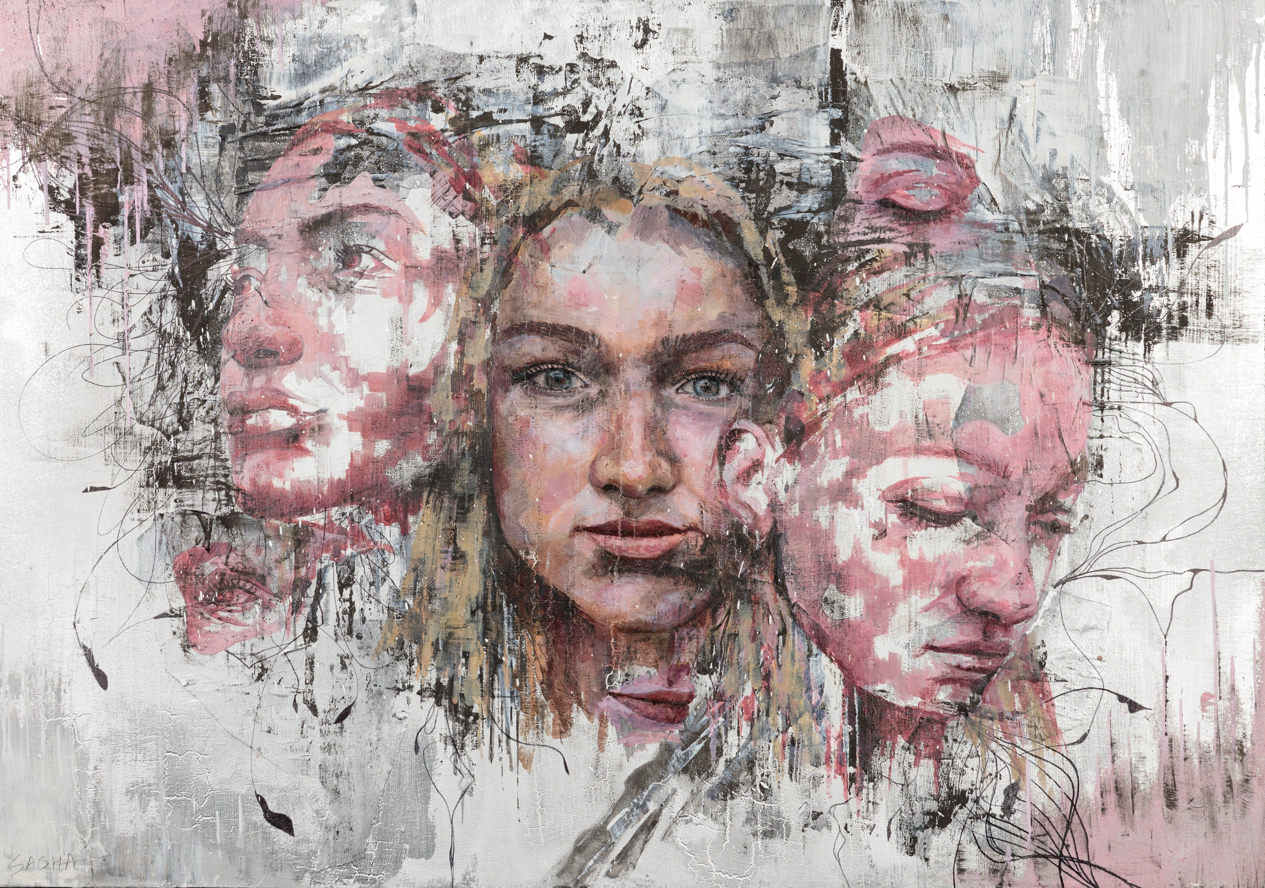 картина с тремя женскими лицами в необычной технике