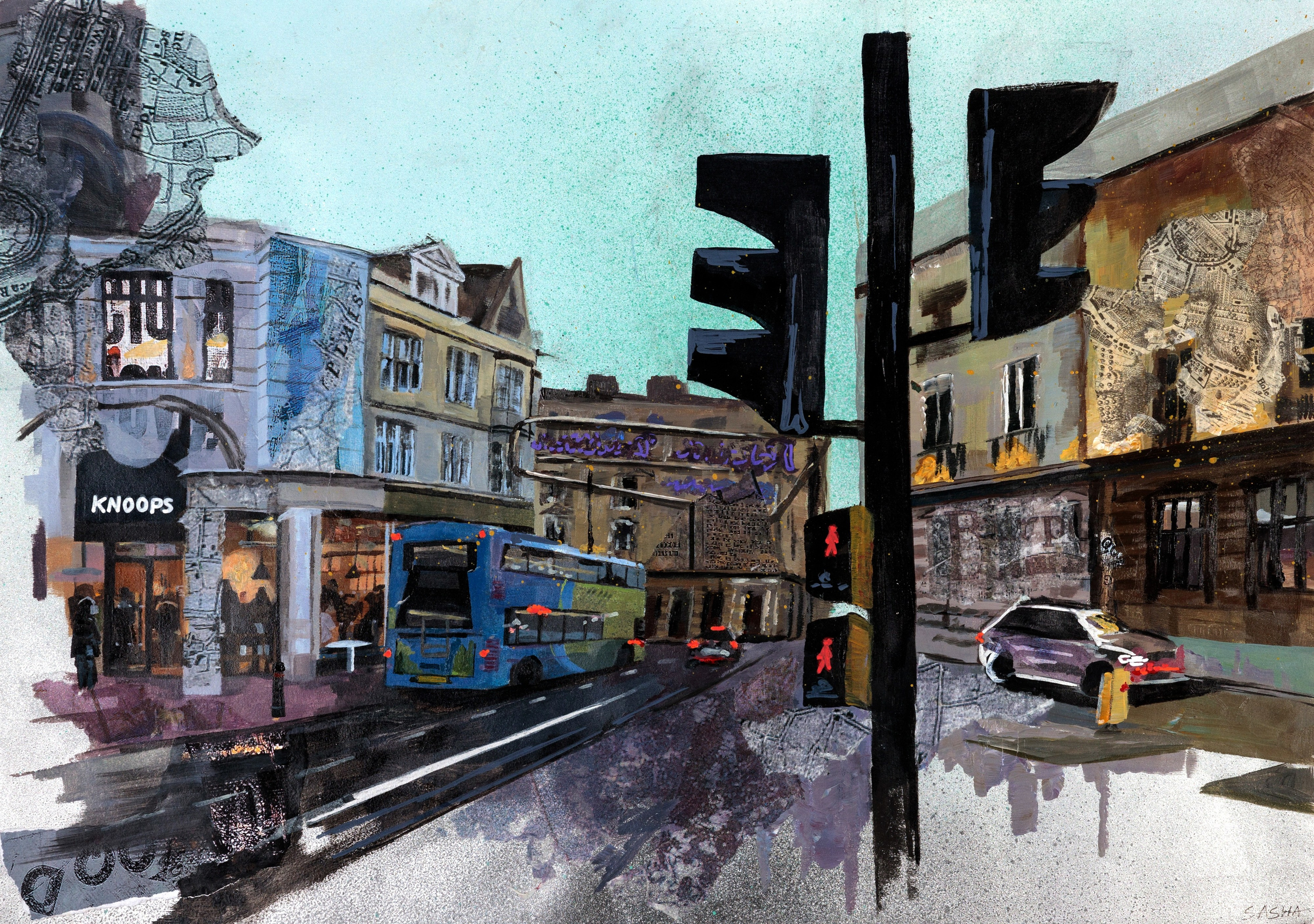 Городской перекресток с автобусом, автомобилем и светофором