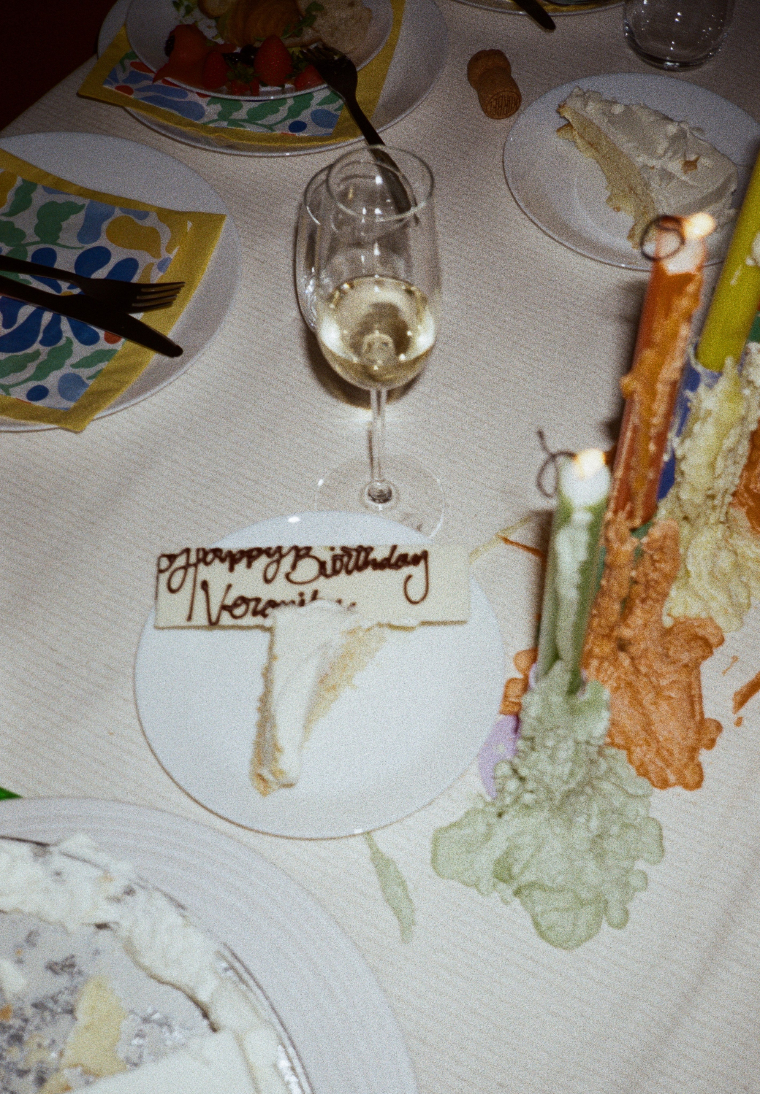 birthday cake piece on film with film from a birthday celebration
