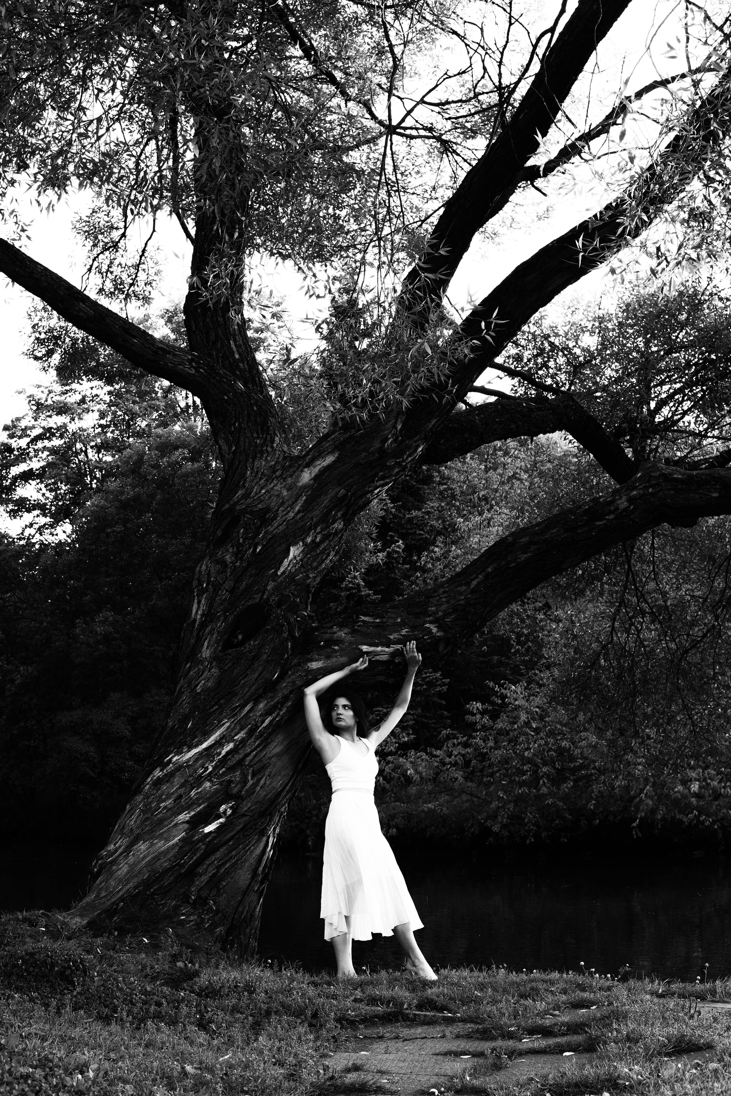 черно-белый портрет девушки у большого дерева в белом платье 