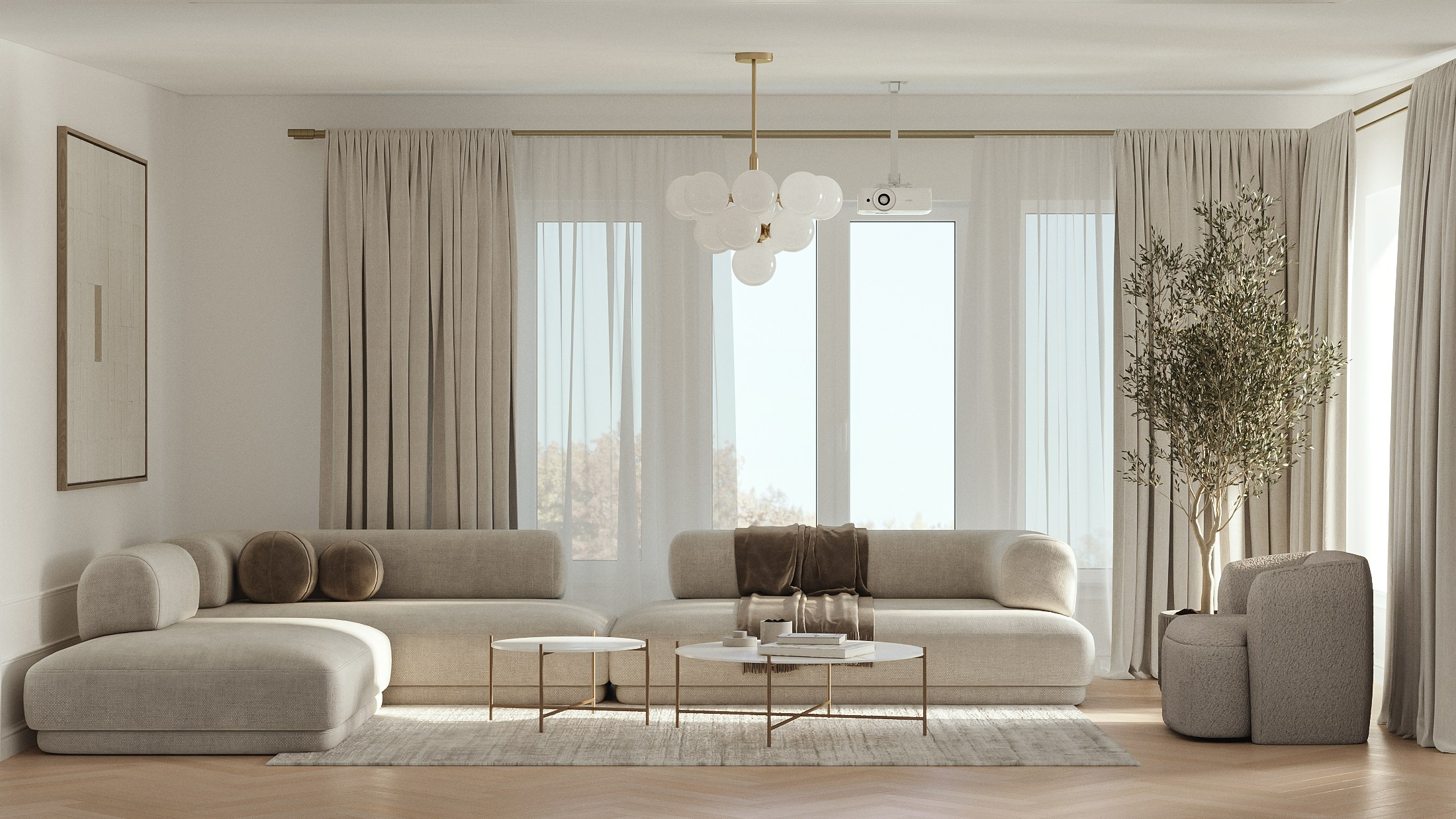 3Д визуализация гостиной в доме в современном стиле 