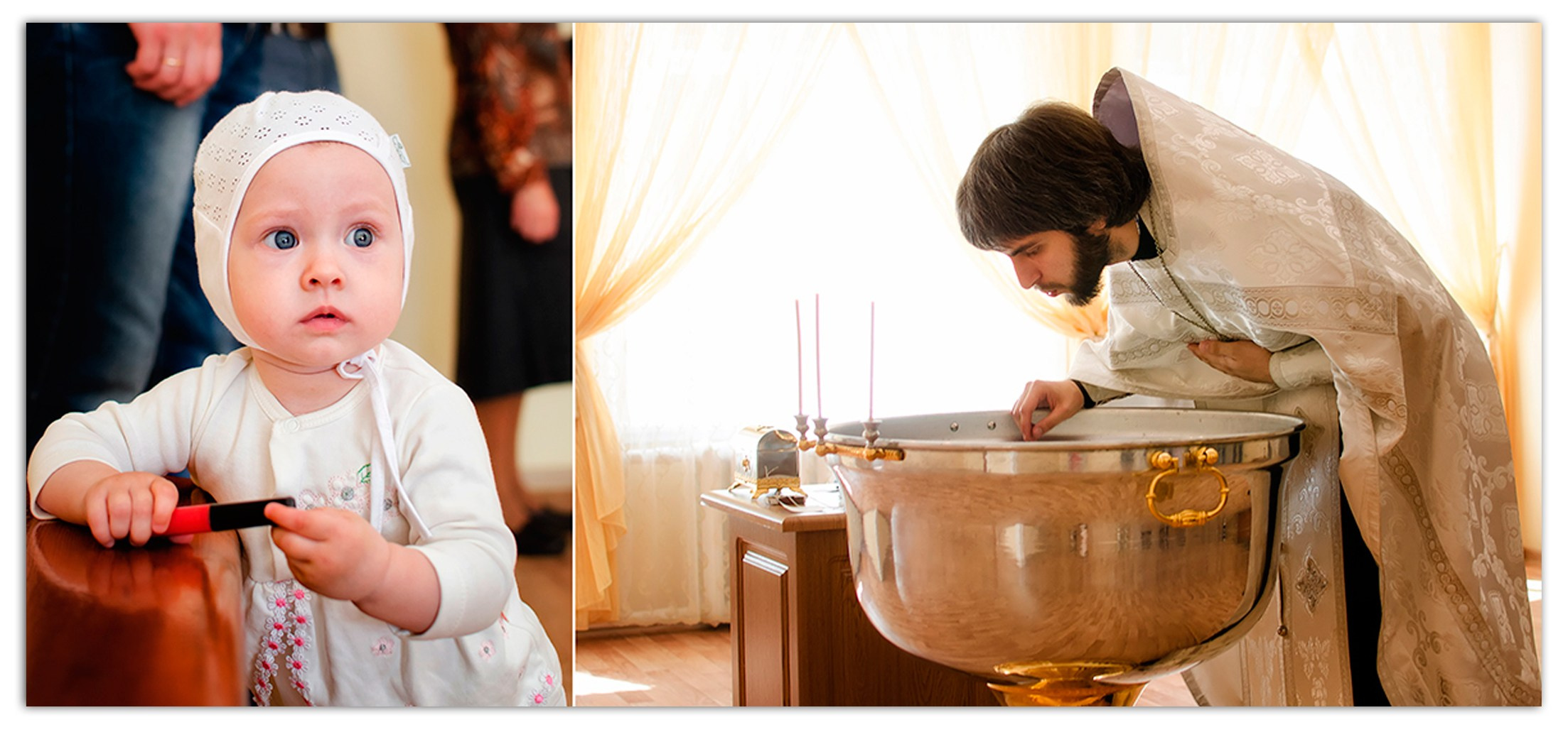 Крещение малыша: младенец у купели, священник благословляет, теплая атмосфера.