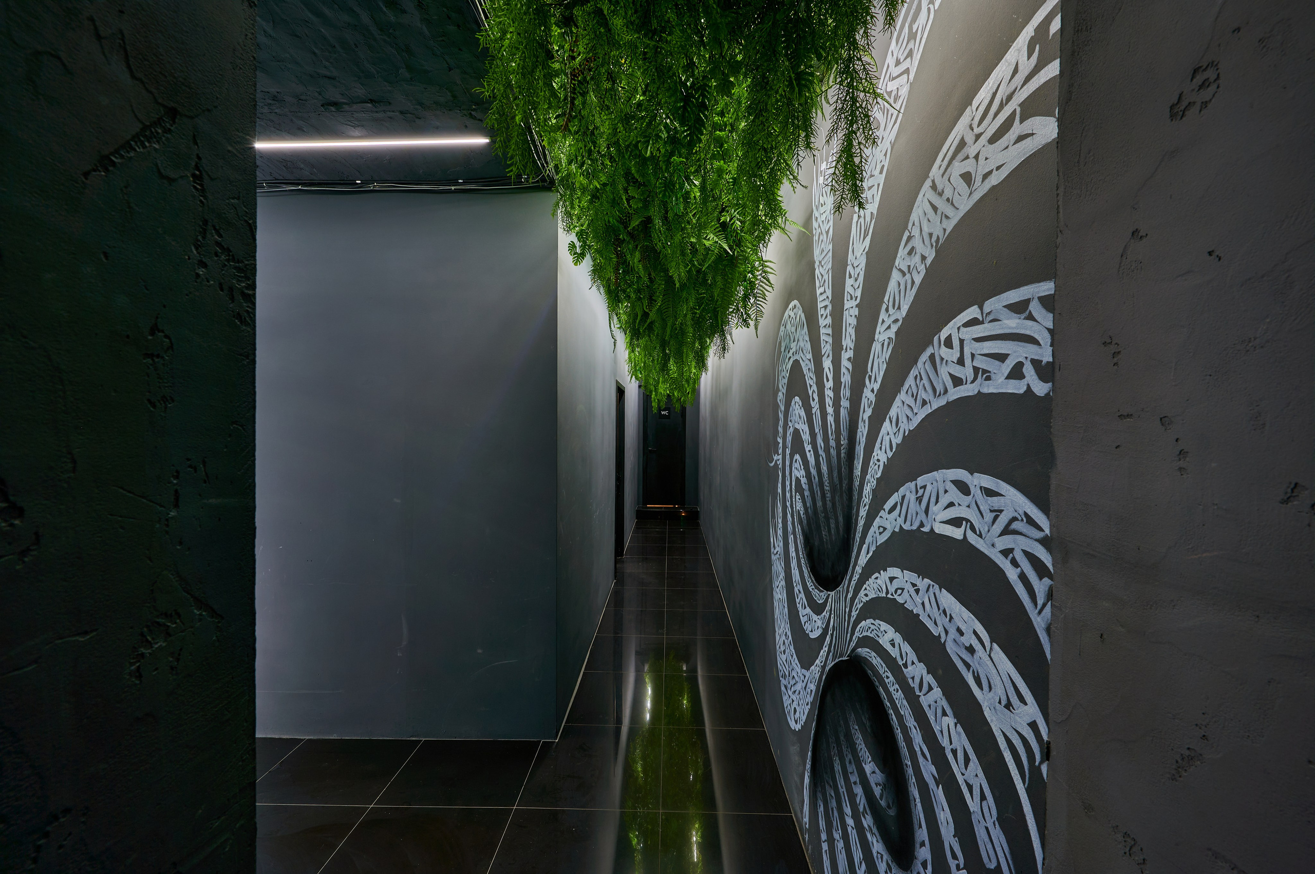 коридор серая стена растения 