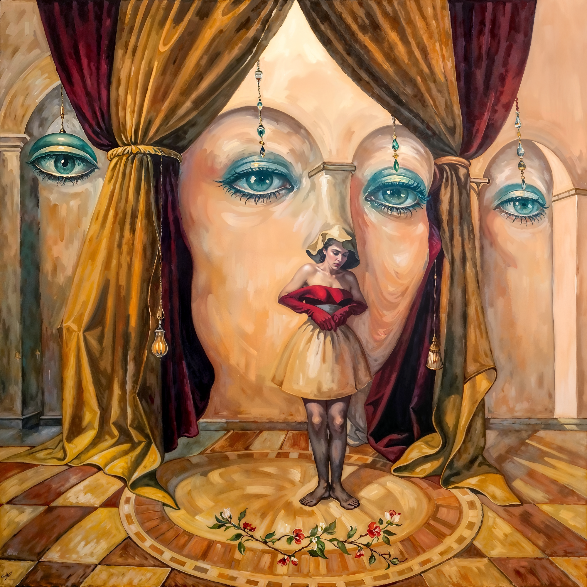 Театральная сцена с занавесами, создающими лицо — стиль Artush Voskanyan