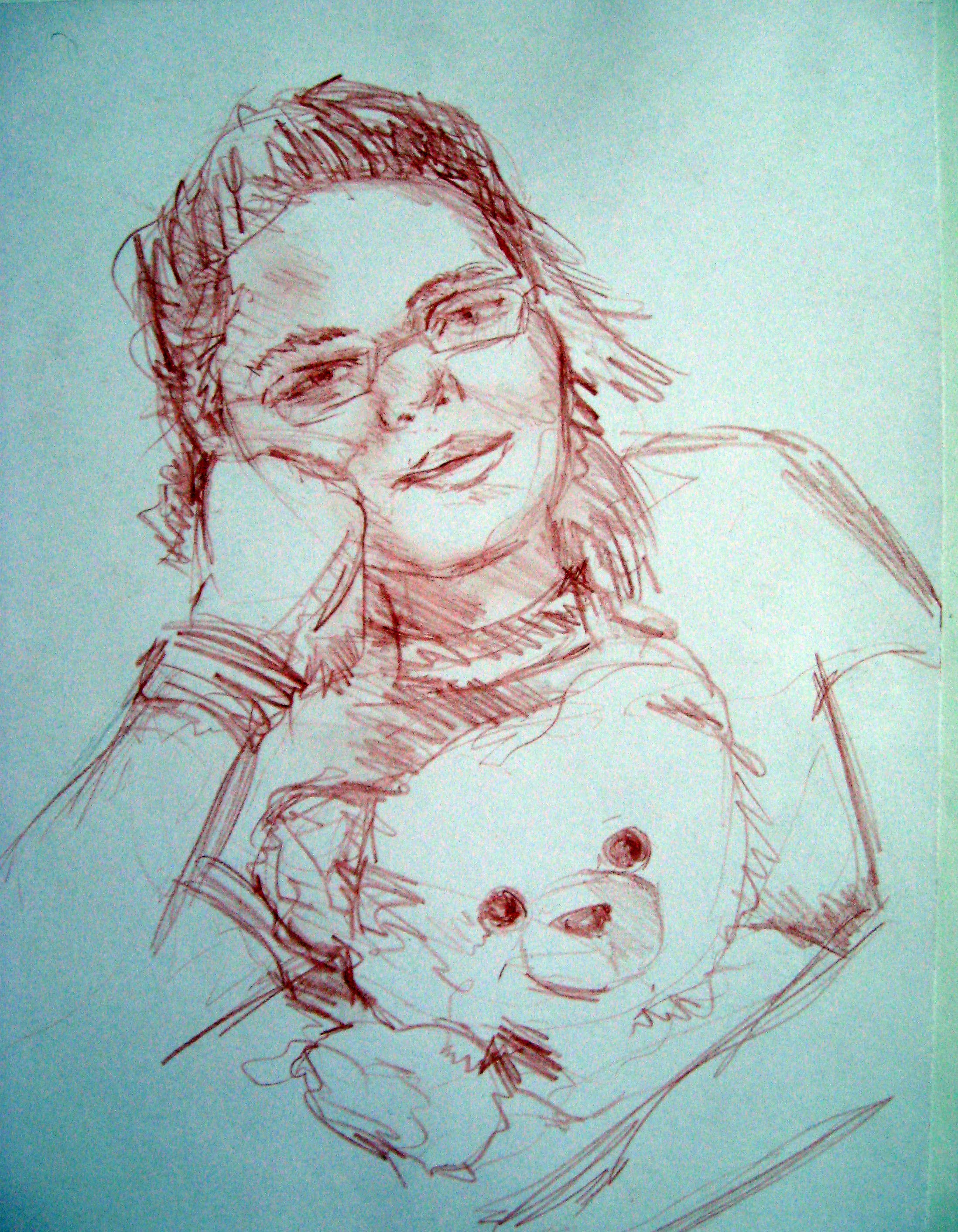 Василиса с медведем. Набросок, сангина, 2005