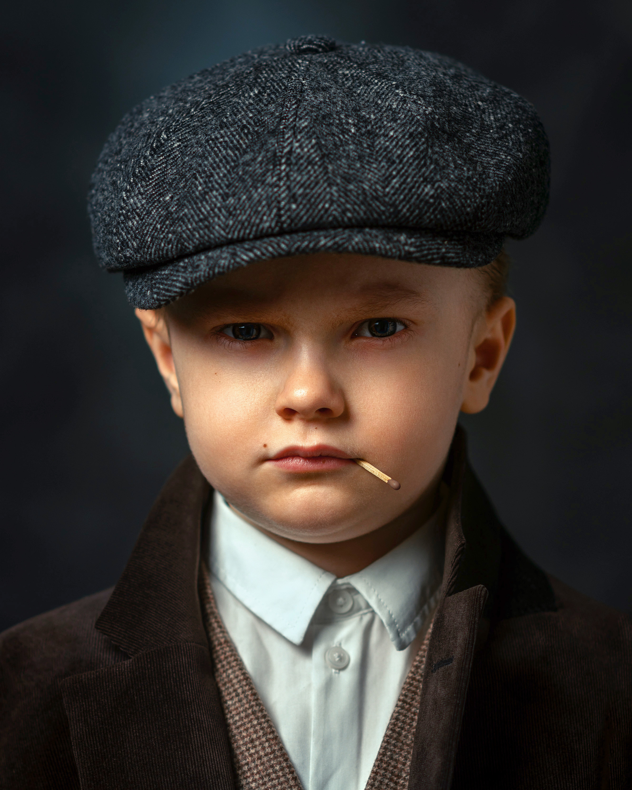 Мальчик со спичкой во рту в шапке снят в стиле острых козырьков