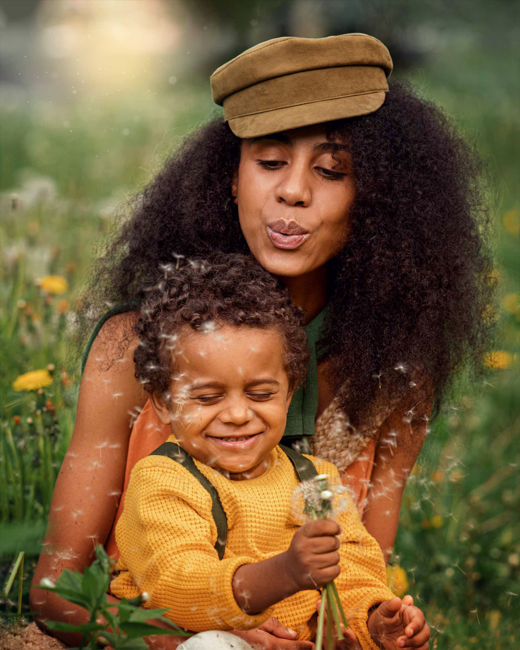 Чернокожие мама с сыном дуют на одуванчики на фоне заката