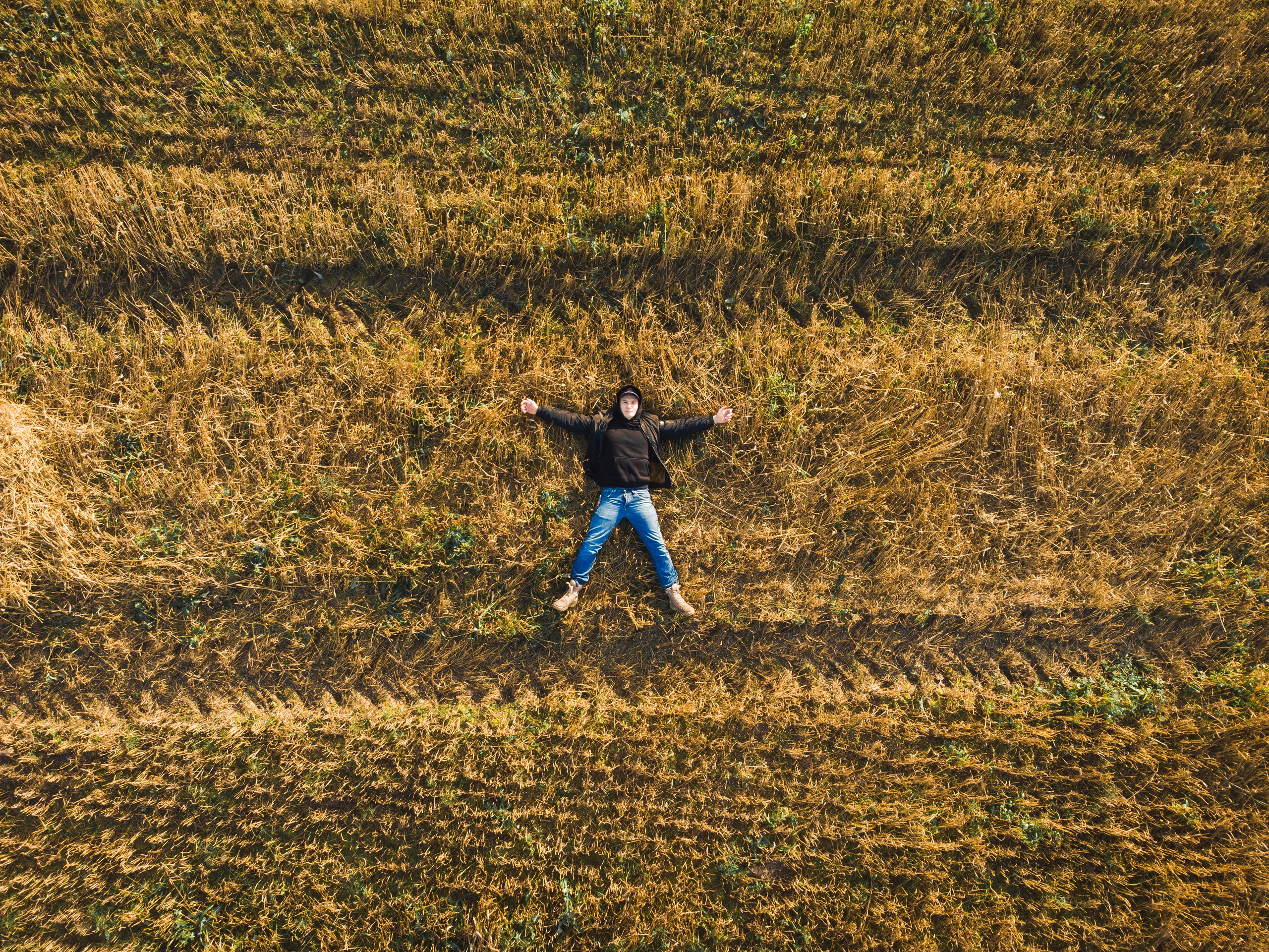 Поле с рулонами сена, утро, туман, человек лежит на земле