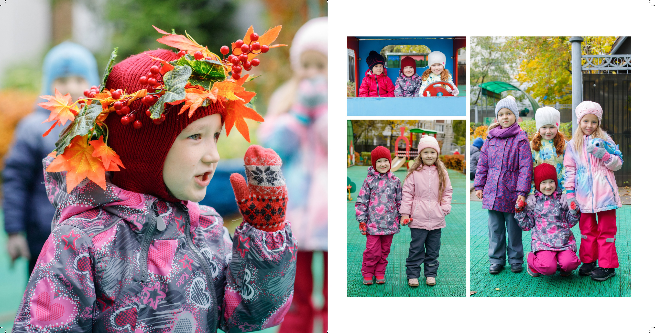 Разворот индивидуального альбома выпускника детского сада. Портреты детей на прогулке в детском саду осенью