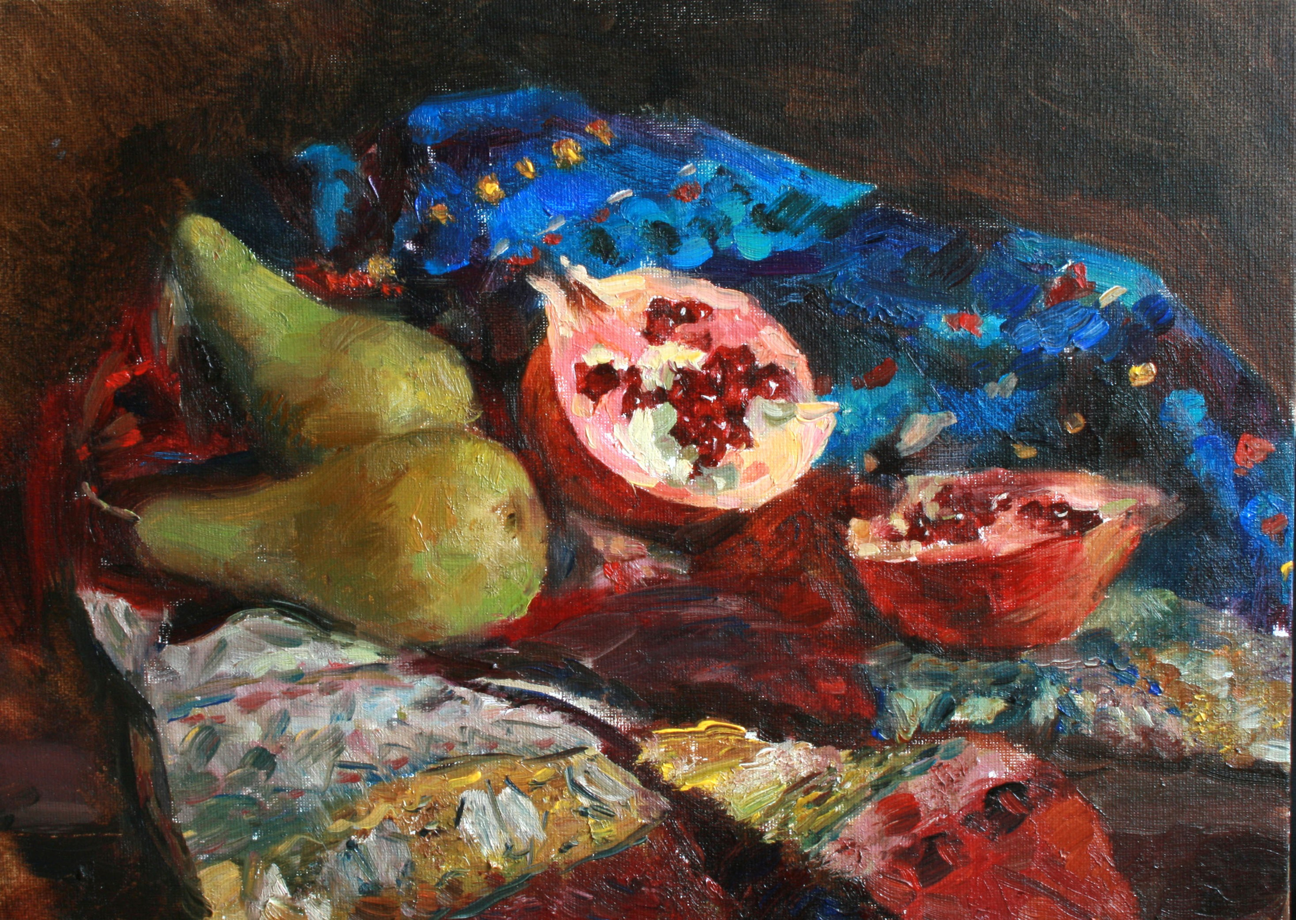 Натюрморт: гранат и груши на мексиканских тканях. Выполнен маслом