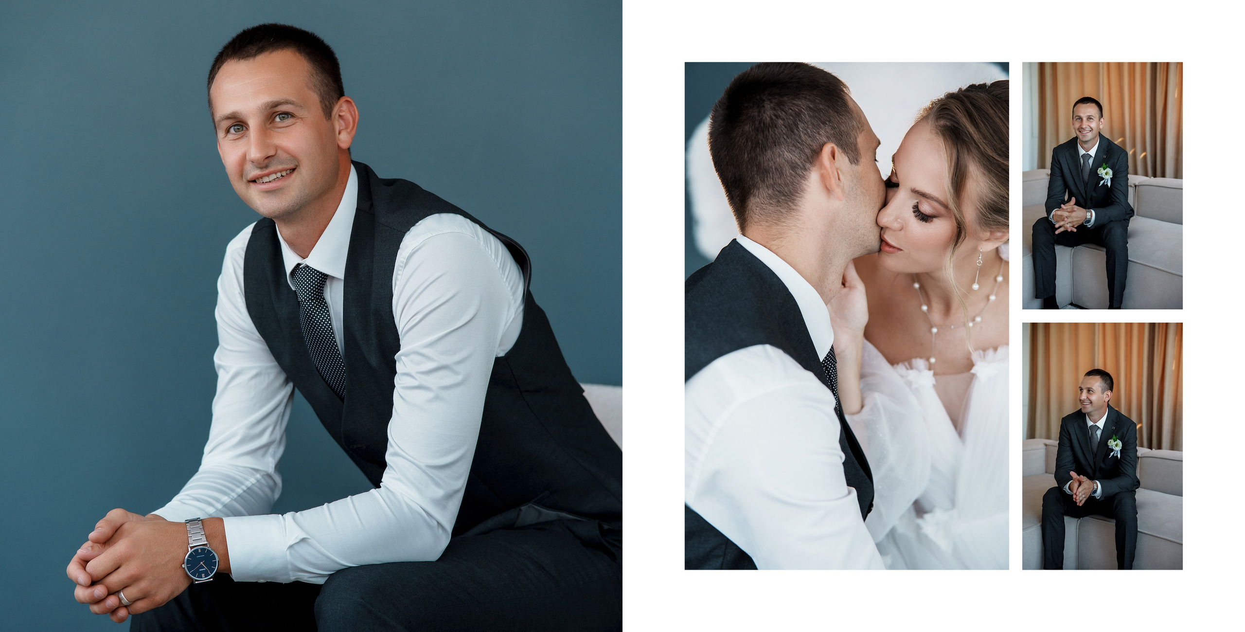 сборы жениха в стужии, молодожены целуются