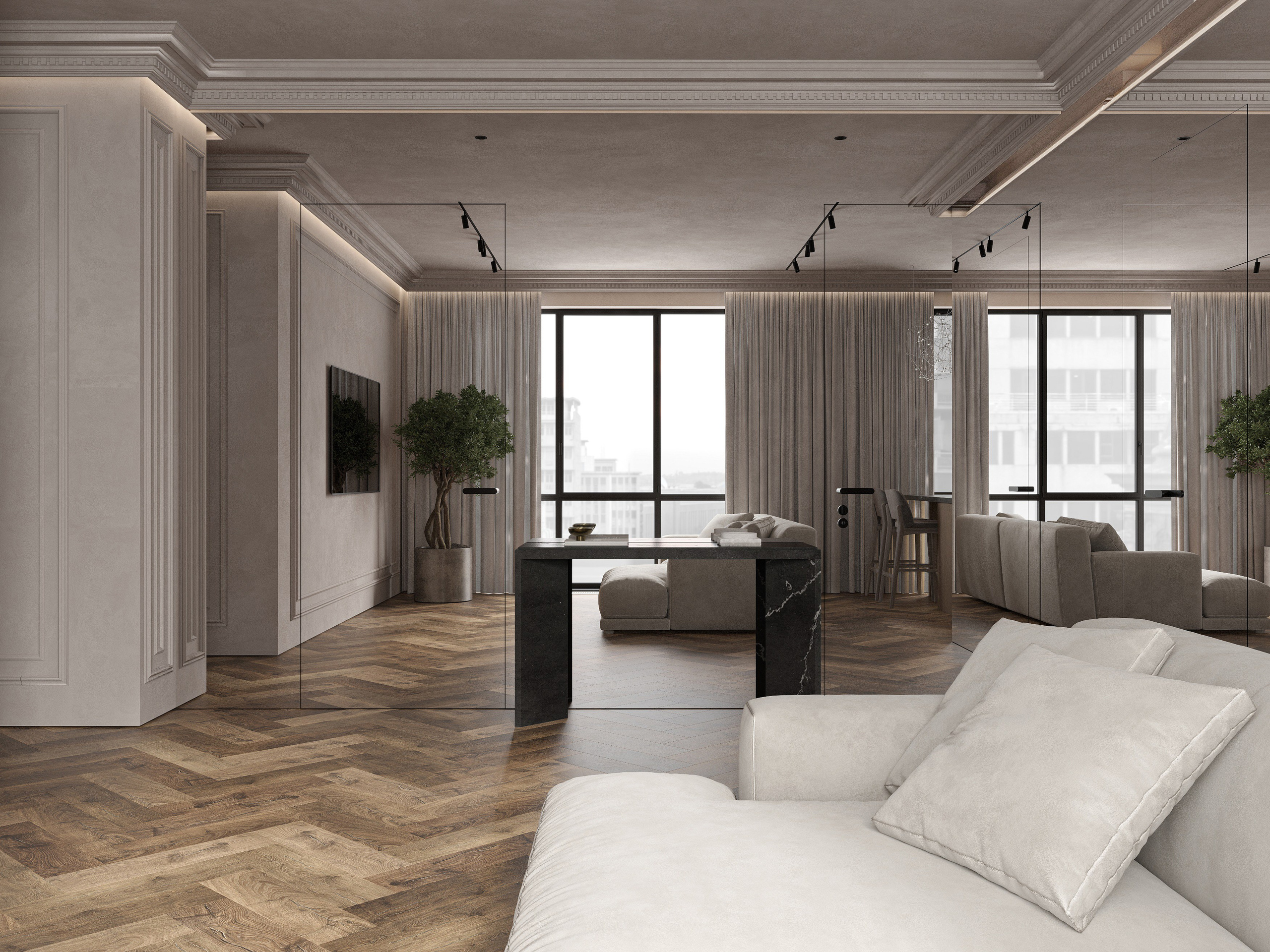 Гостиная 35 м² ЖК Павелецкая Сити. Ксения. 3D‑визуализатор