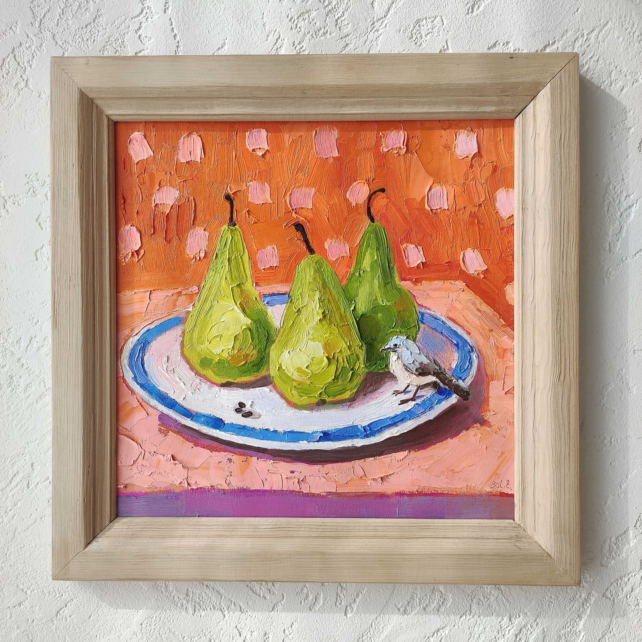 «Натюрморт с грушами и птичкой». Масло, холст на картоне, 30×30 см. Галерея картин художницы Бельмесовой Евгении