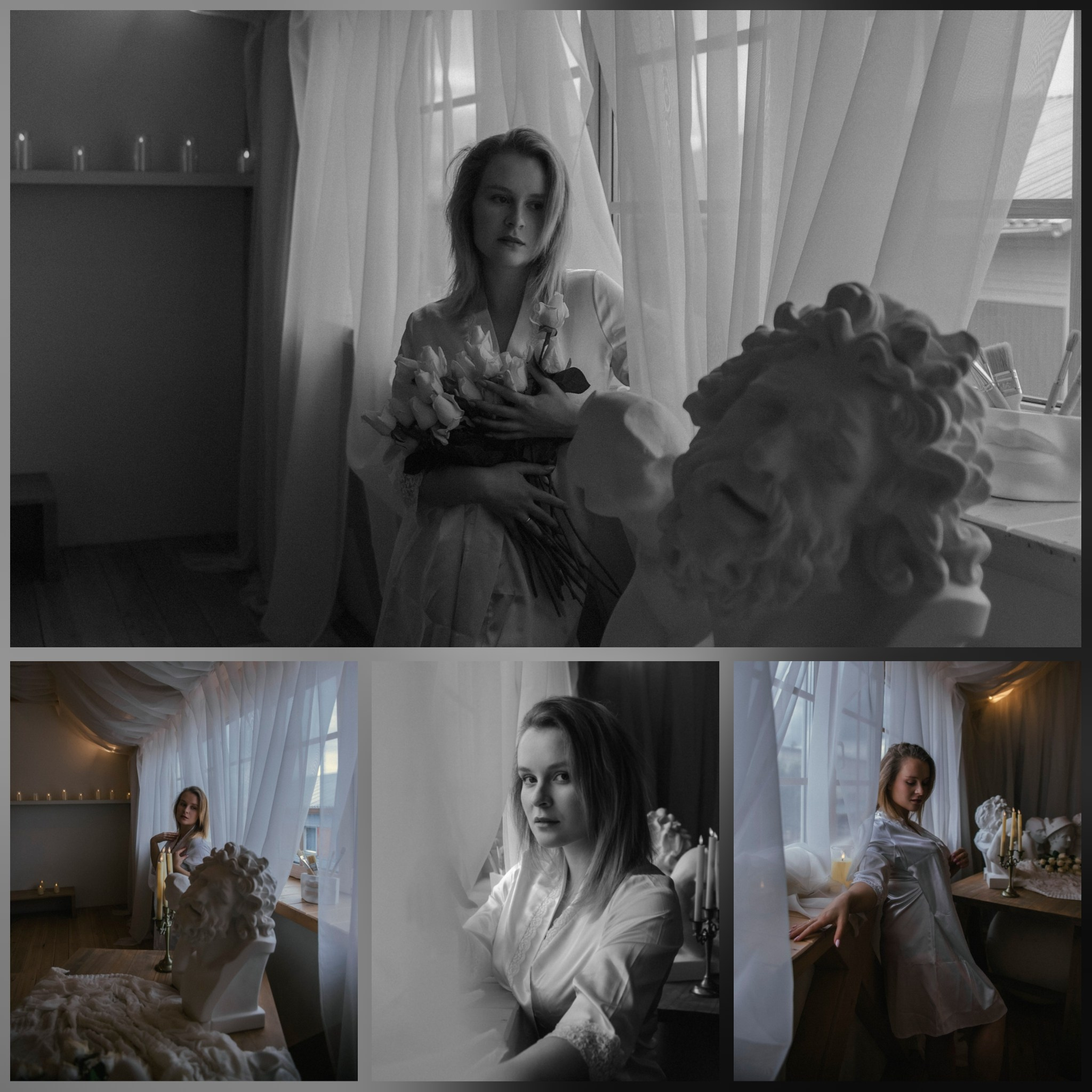 фотосессия девушки с гипсовыми скульптурами статуми